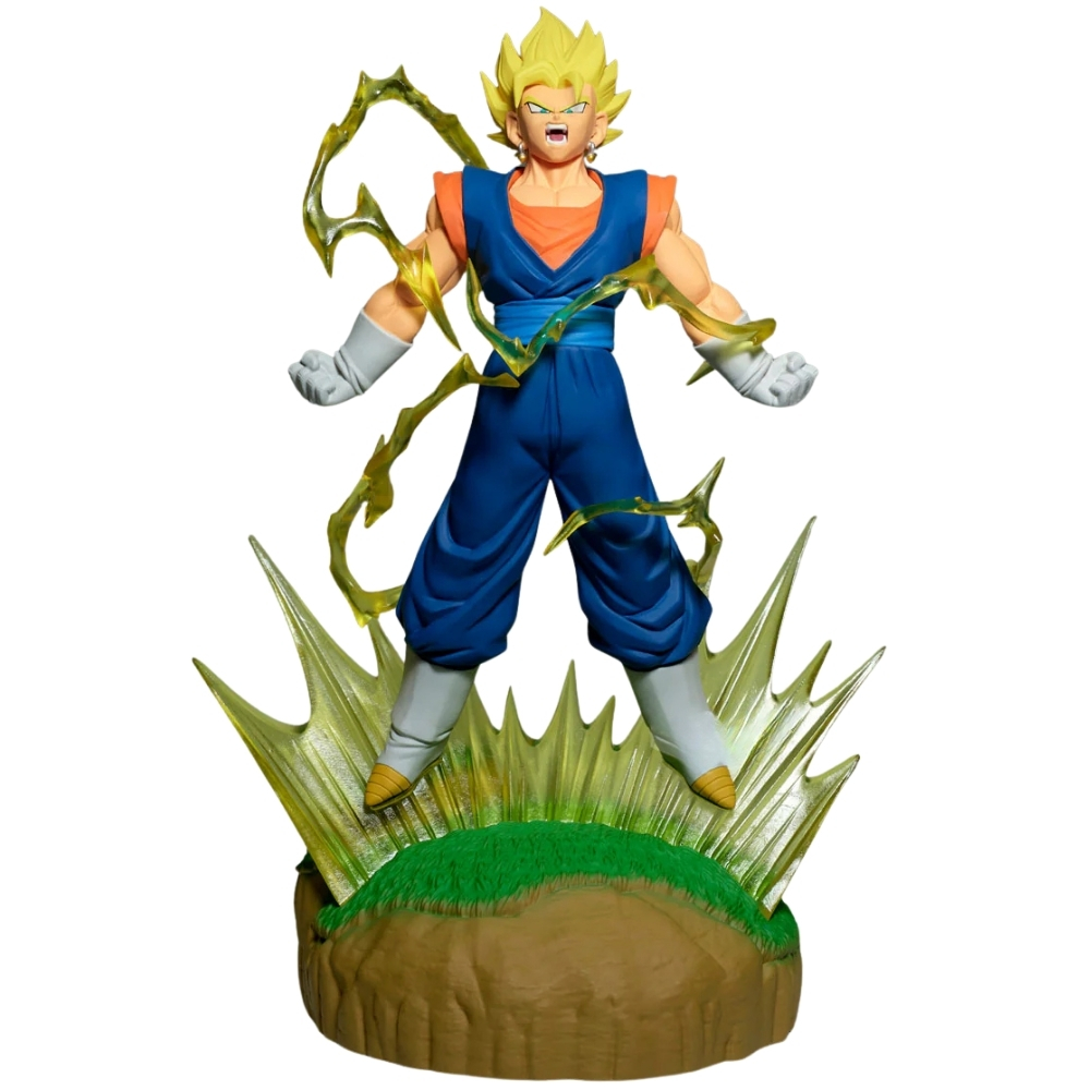 Una figura di Vegito con effetti di energia gialla su una base rocciosa.