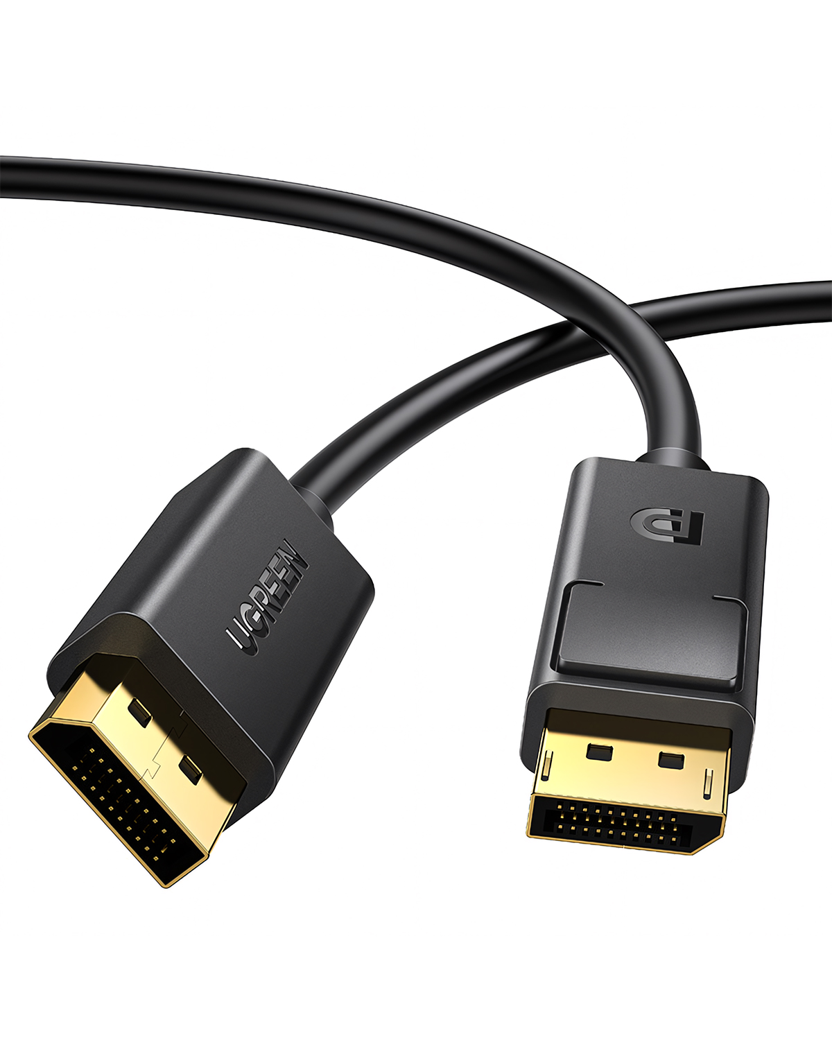 Schwarzes Kabel mit goldenen DisplayPort-Anschlüssen, auf weißem Hintergrund.