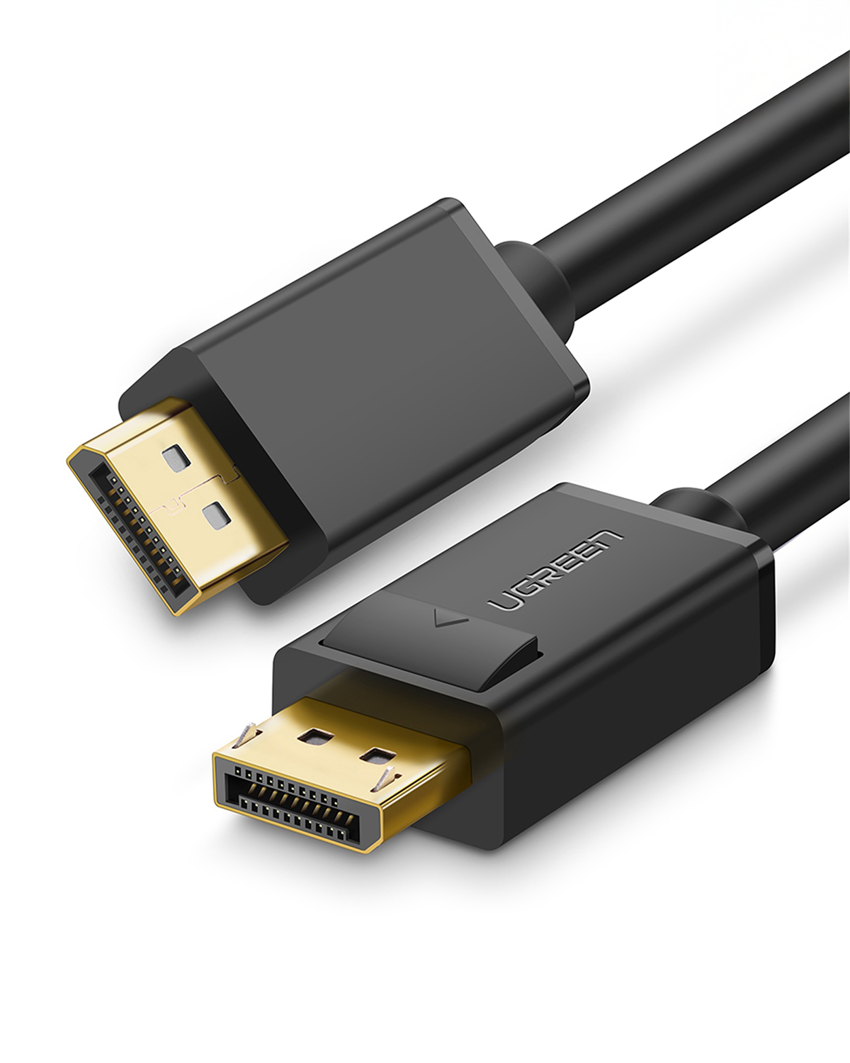 Zwei schwarze DisplayPort-Kabel mit goldenen Steckern auf weißem Hintergrund.