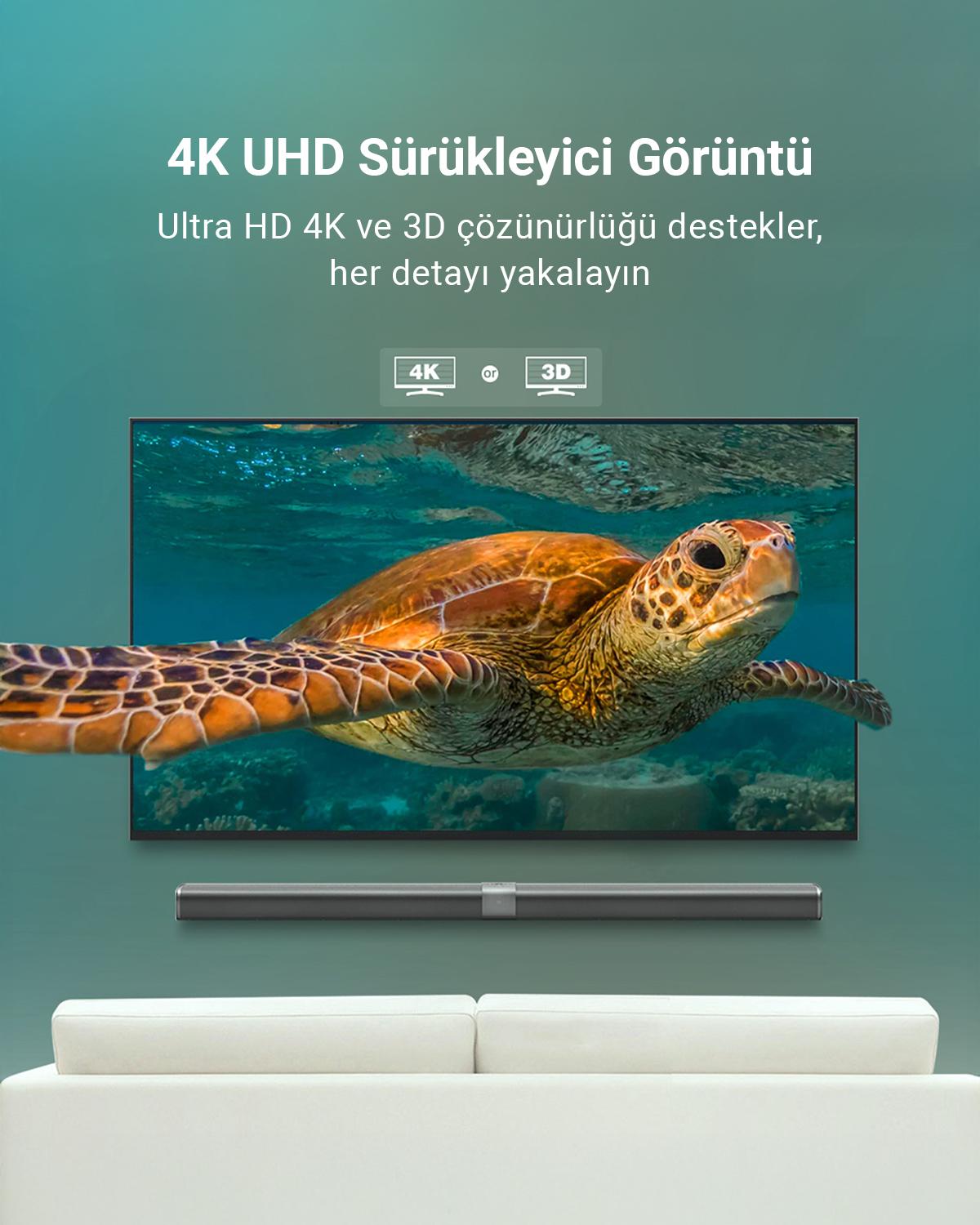 Ein Fernseher zeigt eine Schildkröte unter Wasser. Darunter eine Soundbar und ein Sofa.