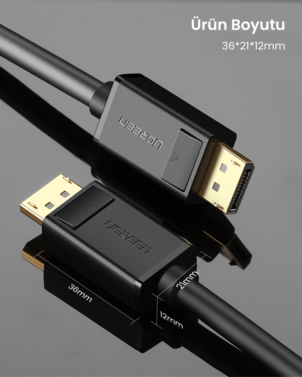 Zwei schwarze Kabel mit goldenen Anschlüssen, UGREEN-Logo, Maße 36x21x12mm.
