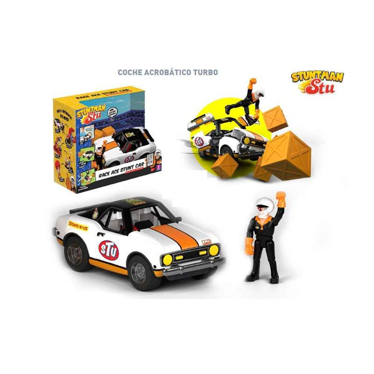 Un set de coche acrobático con un coche de carreras blanco, una figura de doble y obstáculos.