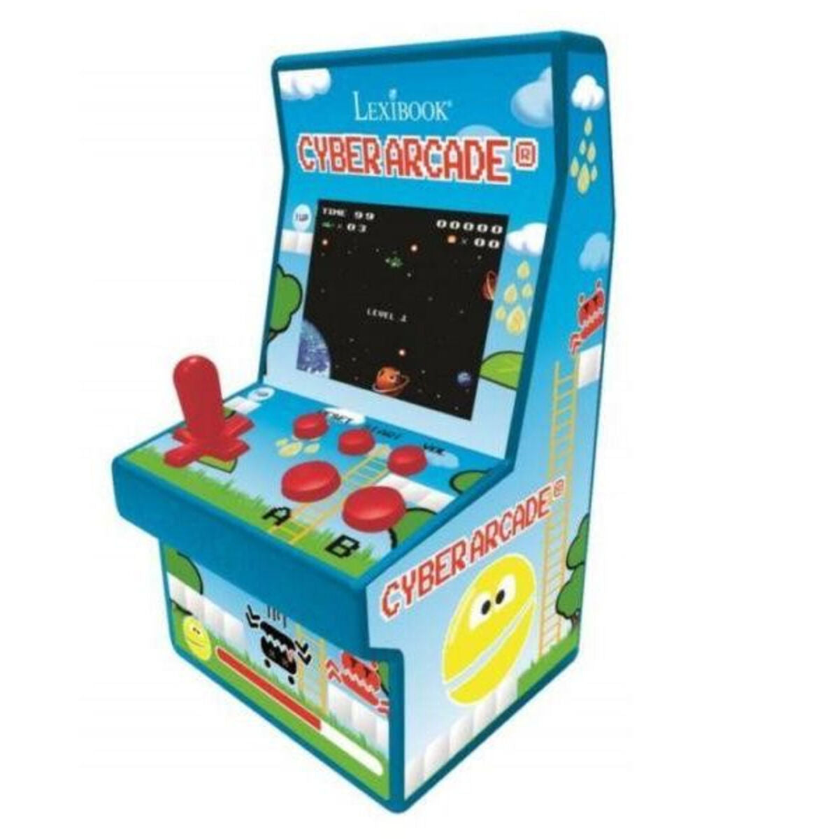 Niebieska konsola do gier Lexibook Cyber Arcade z czerwonym joystickiem i przyciskami.