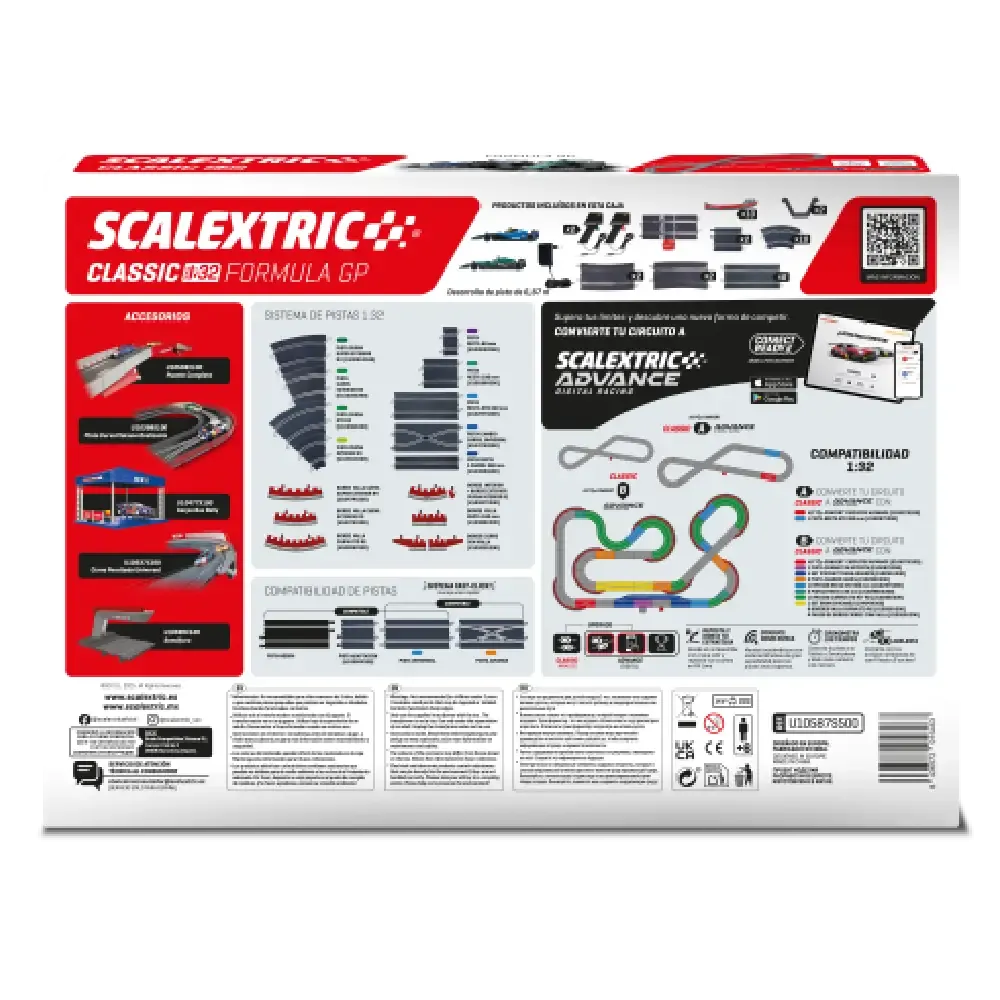 Caja Scalextric Classic 1:32 Fórmula GP mostrando piezas de pista y accesorios.