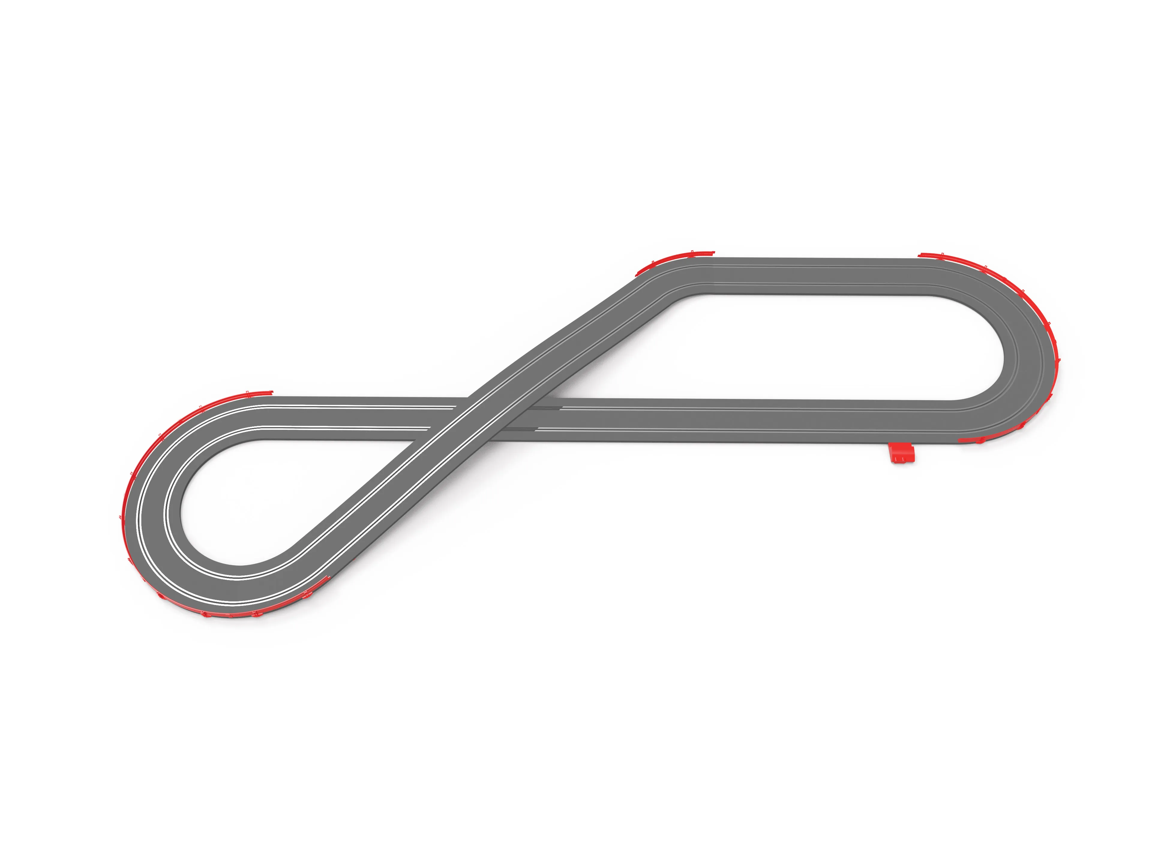 Una pista de carreras de juguete con forma de infinito y barreras rojas sobre fondo blanco.