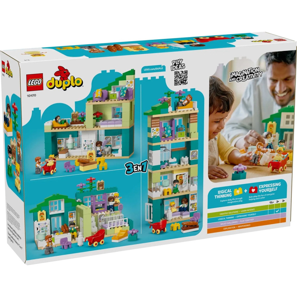 Caja de LEGO Duplo 10470 mostrando tres casas y niños jugando.