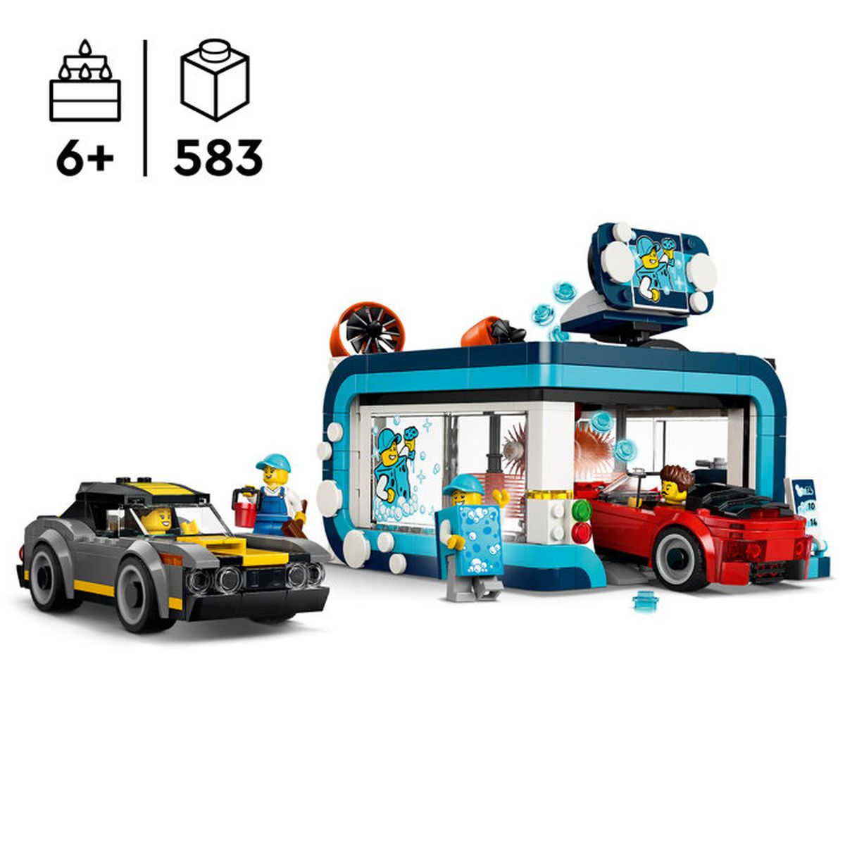 Auto Lego colorate e stazione di lavaggio con figure e accessori.