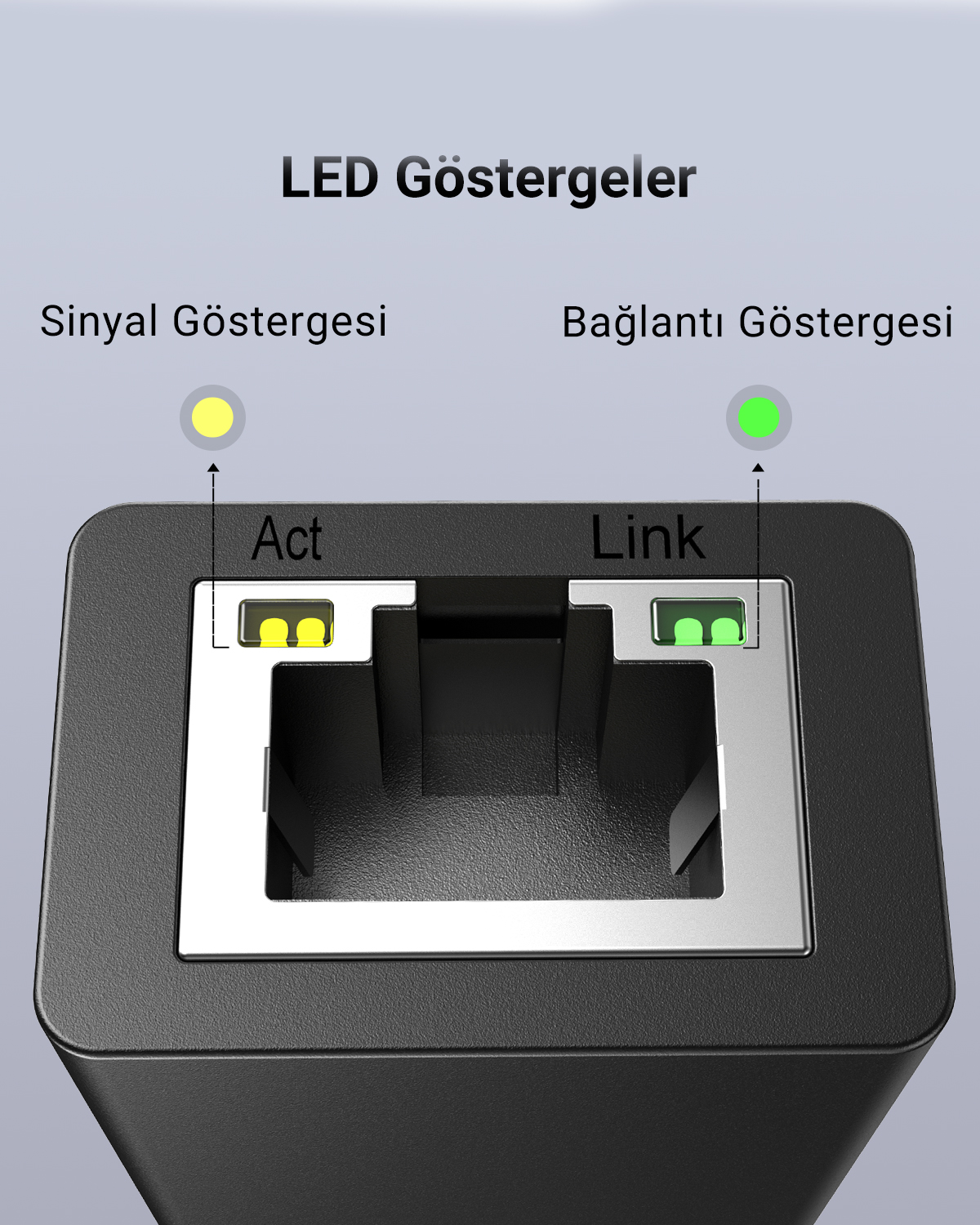 Sarı ve yeşil LED'li siyah Ethernet adaptörünün yakın çekimi.