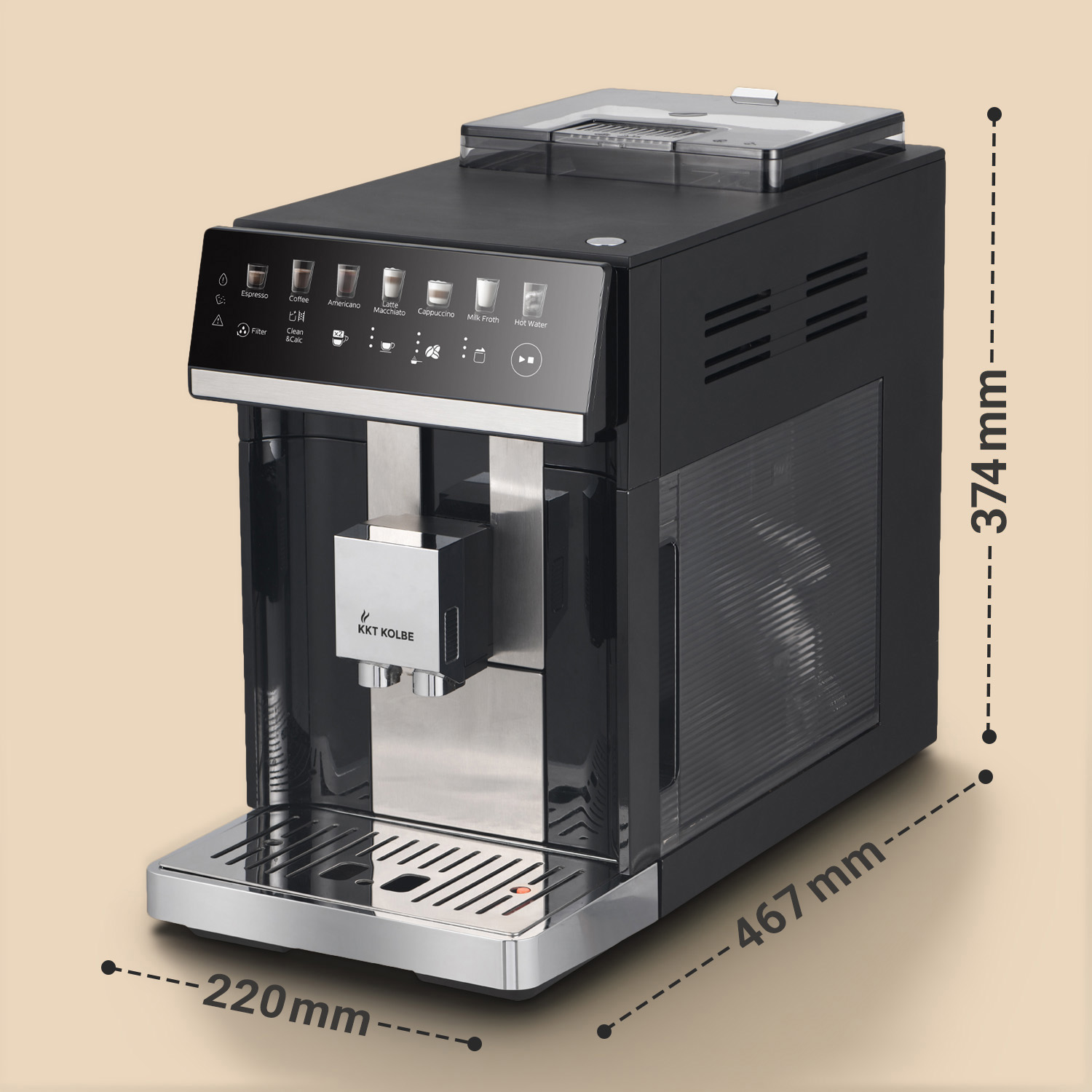Schwarze Kaffeemaschine mit Touchscreen und silbernem Auslauf. Maße angegeben.