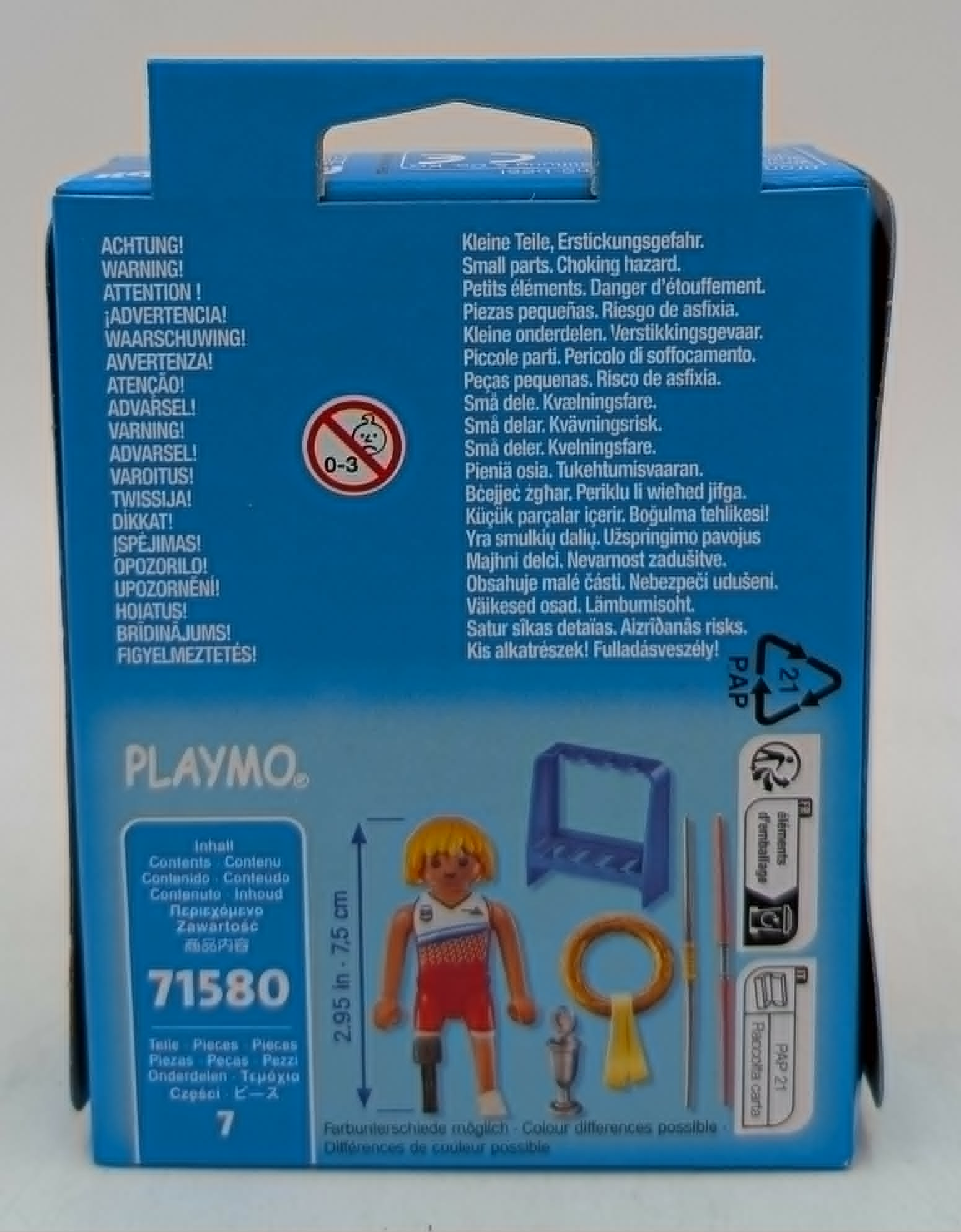 Playmobil-Verpackung mit Figuren, Zubehör und Warnhinweisen.