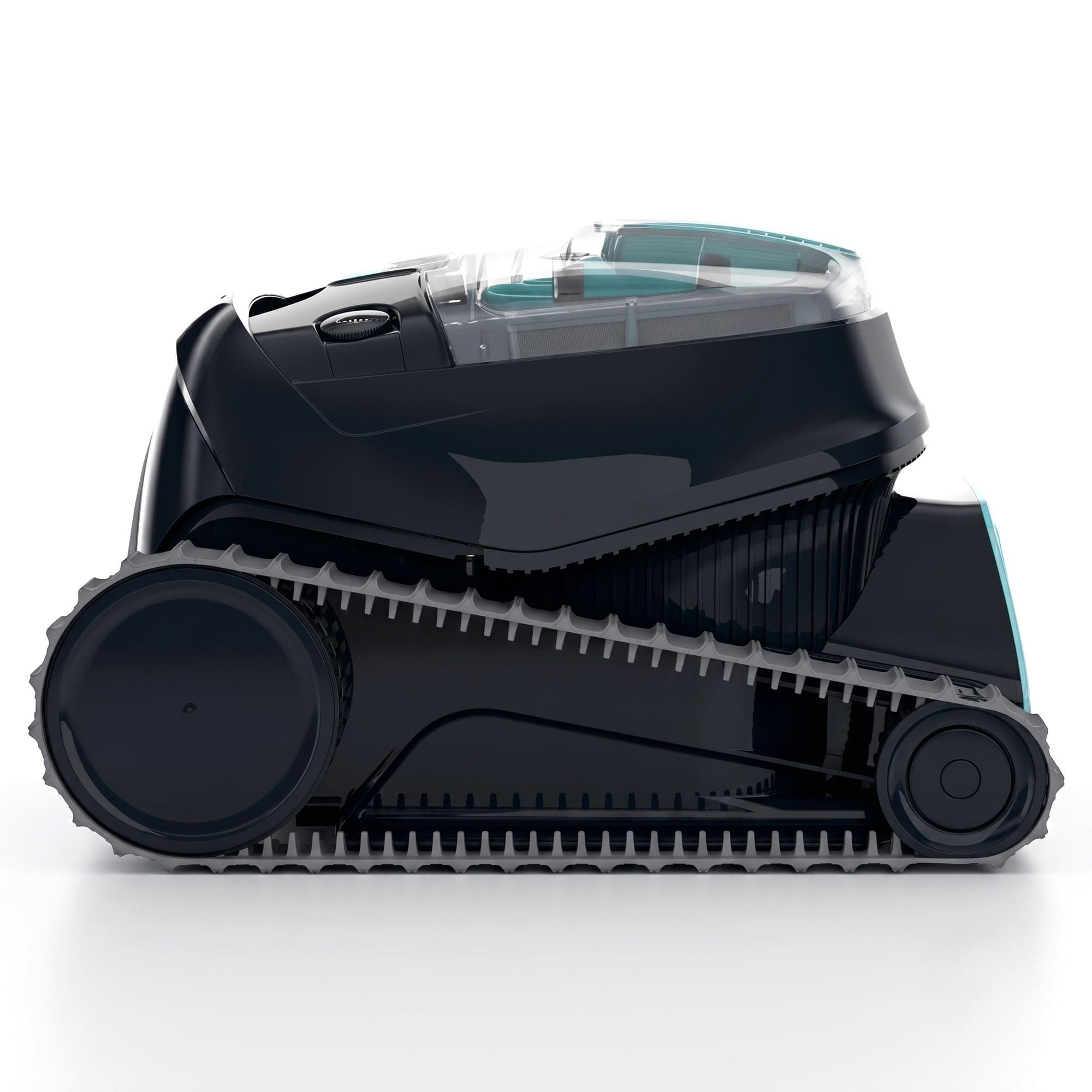 Un limpiador de piscina robótico negro con tapa transparente y detalles verde azulado sobre fondo blanco.