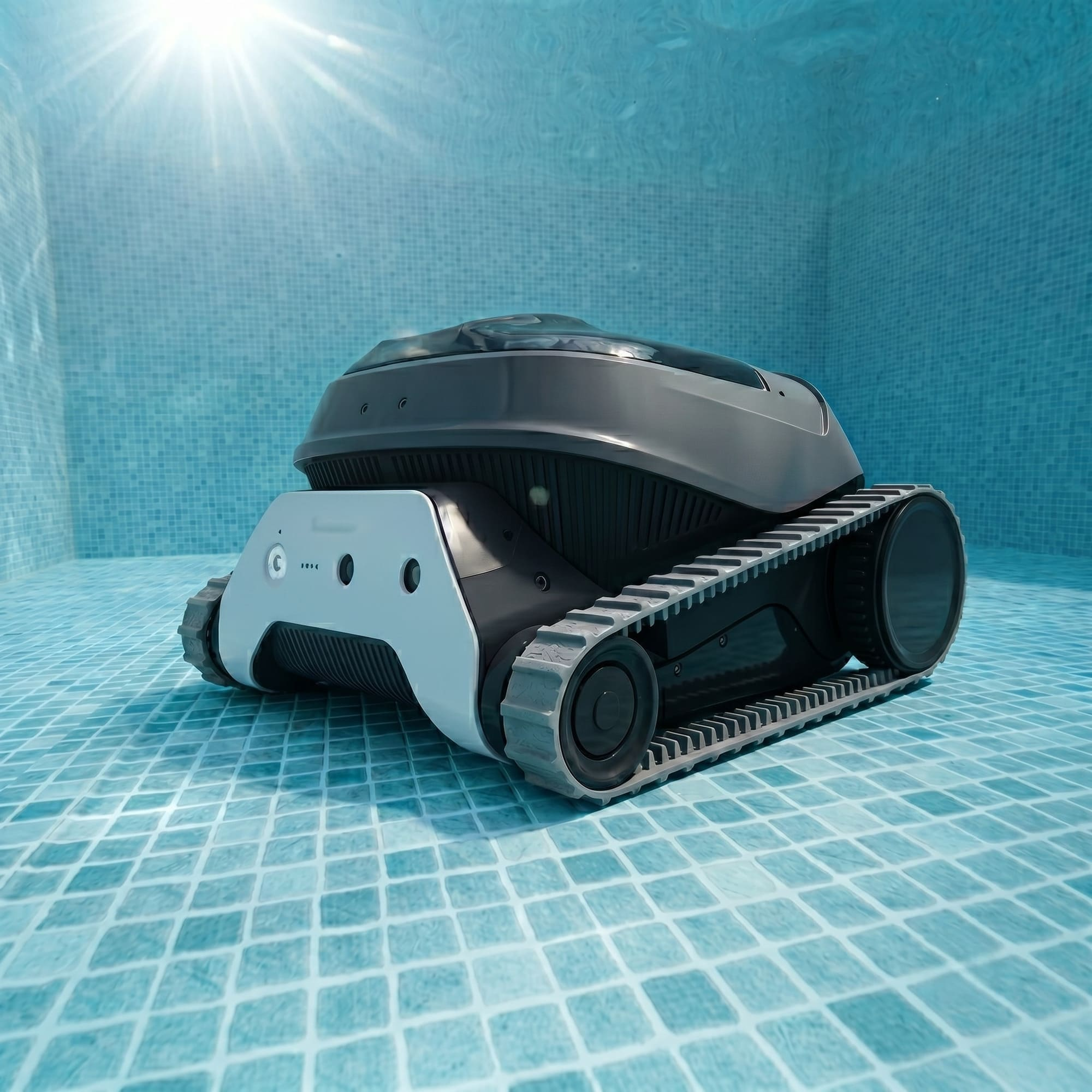 Un robot limpiafondos gris con orugas se mueve sobre un suelo de piscina azul alicatado.