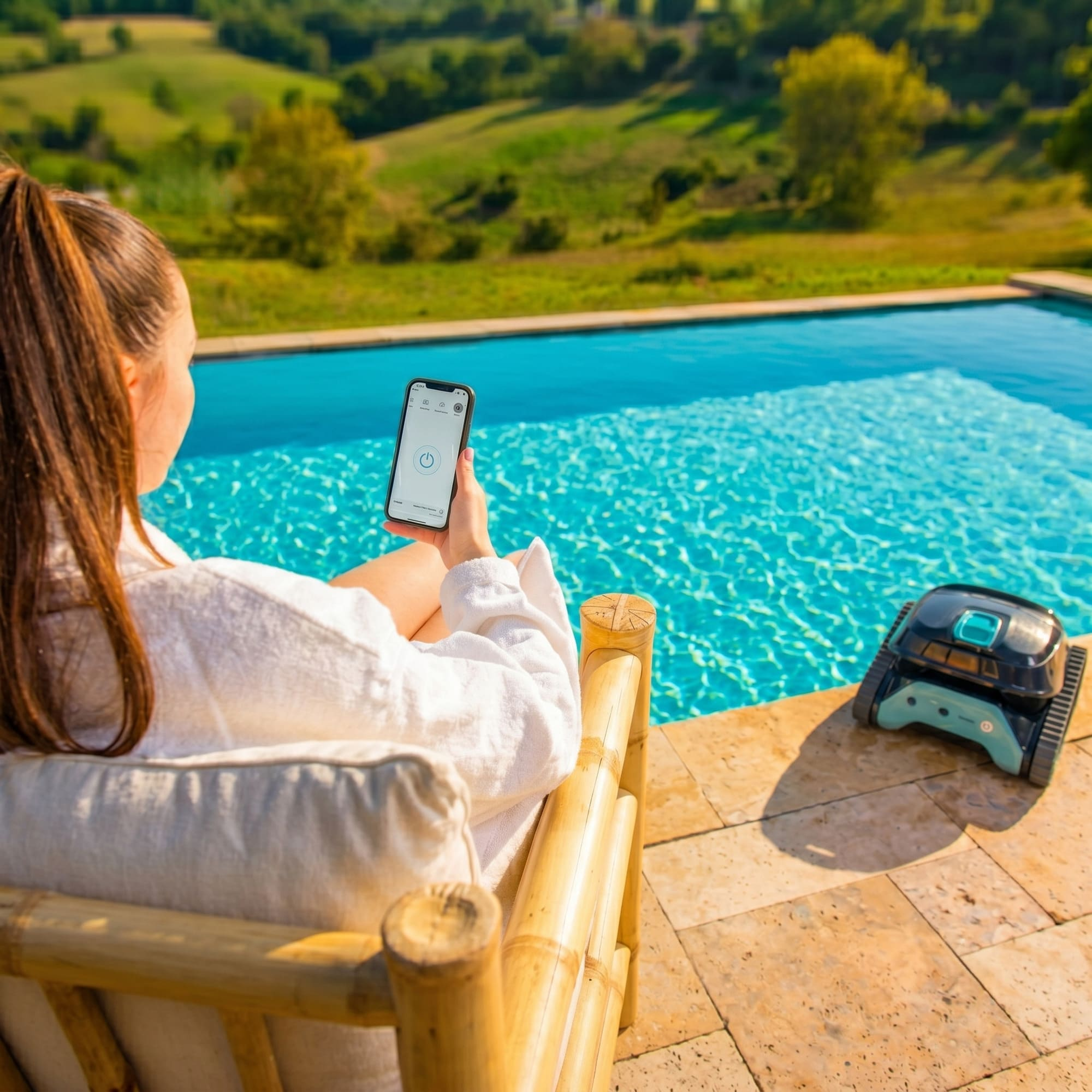 Mujer con teléfono junto a la piscina, limpiador robot en la terraza. Fondo de colinas verdes.