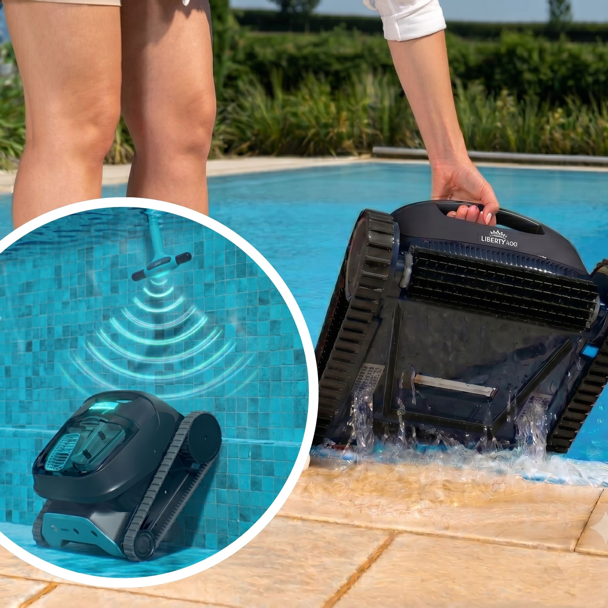 Un robot limpiafondos negro se saca del agua, junto a un detalle en el agua.