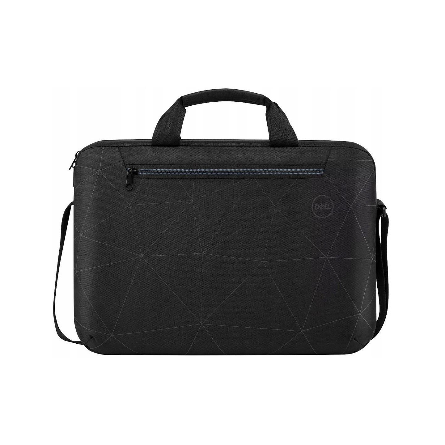 Czarna torba na laptopa z geometrycznym wzorem i logo Dell.