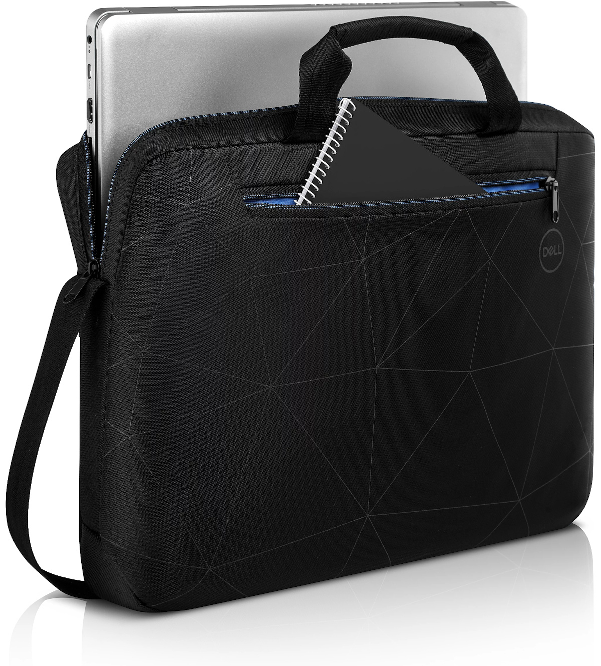 Czarna torba na laptopa Dell z geometrycznym wzorem, zawiera laptopa i notatnik.