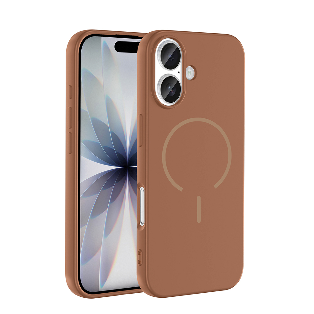 Arkada iki kamera ve manyetik halka bulunan kahverengi telefon kılıfı.