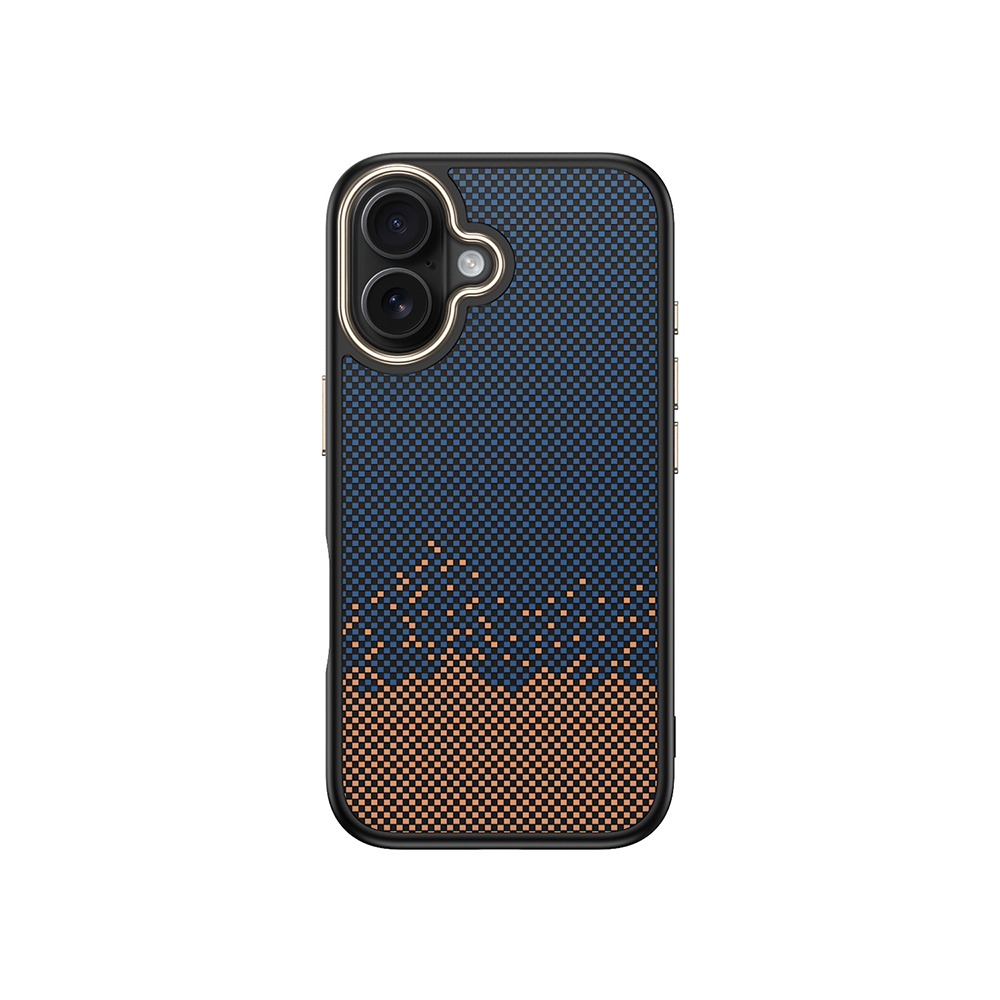 Bakır vurgulu, damalı desene sahip lacivert telefon kılıfı.
