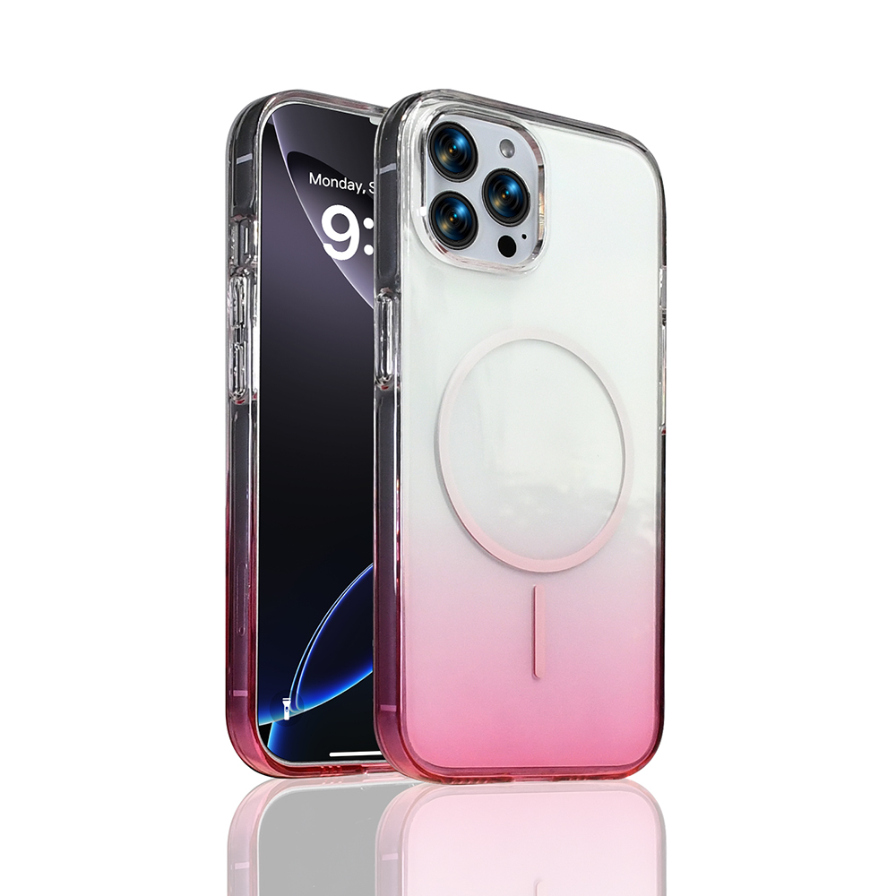 Pembe-beyaz geçişli şeffaf telefon kılıfı, üç kamera lensli.
