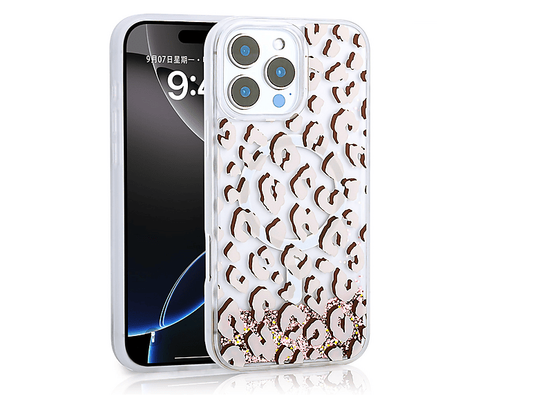 LOPARD iPhone 16 Pro Uyumlu Sıvılı Simli Baskılı Şeffaf Arka Yüzey Mossa Silikon Kapak Telefon Kılıfı Pembe