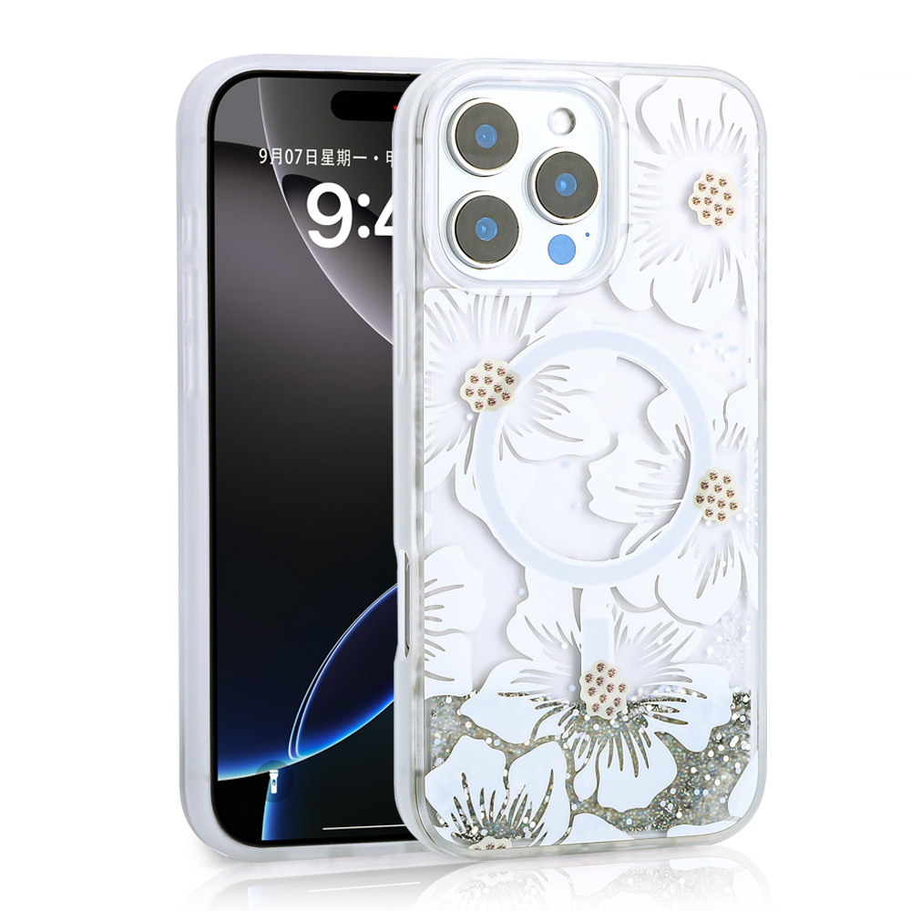 Beyaz iPhone, şeffaf çiçekli ve simli kılıfı ile.