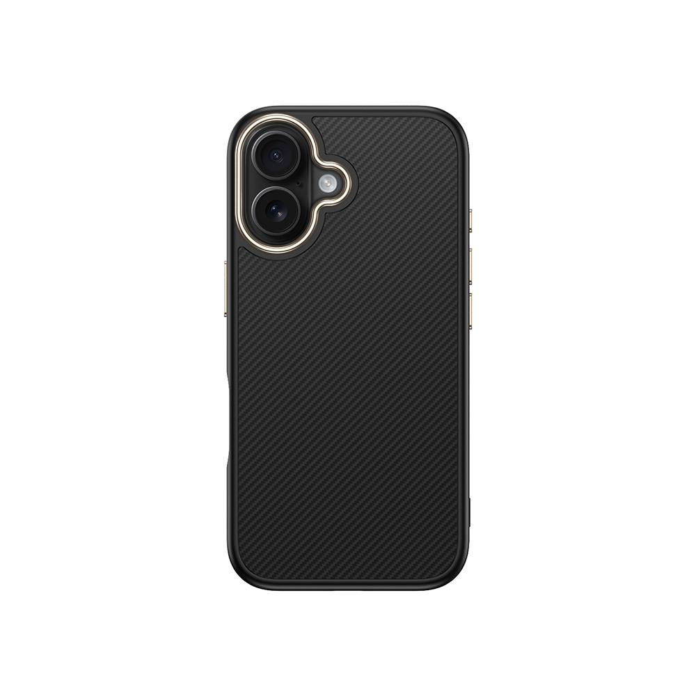 Karbon fiber desenli, çift kameralı kesimli siyah telefon kılıfı.