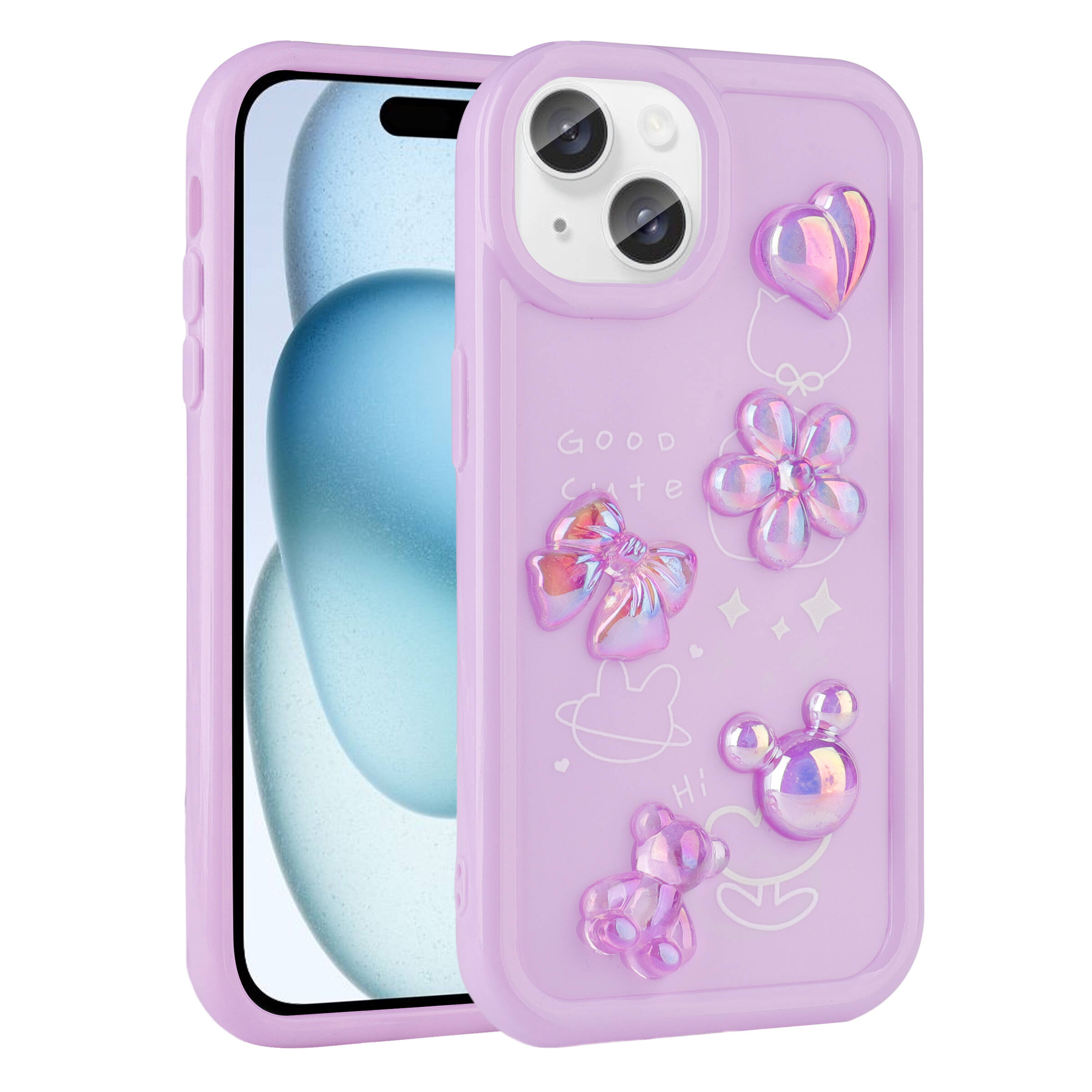 Kalp, çiçek, ayı ve fare 3D çıkartmalı açık mor telefon kılıfı.
