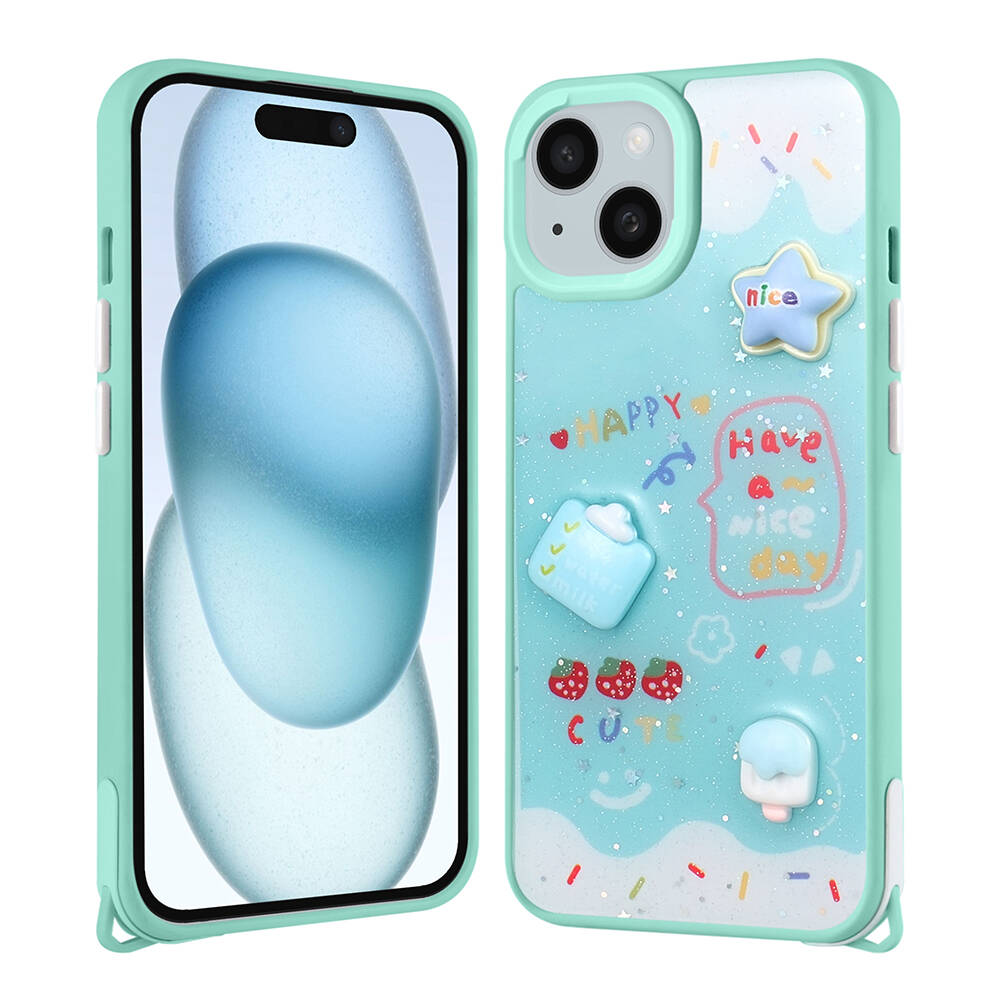 Nane yeşili iPhone kılıfı, çilek, dondurma ve yıldız gibi kawaii baskılıdır.