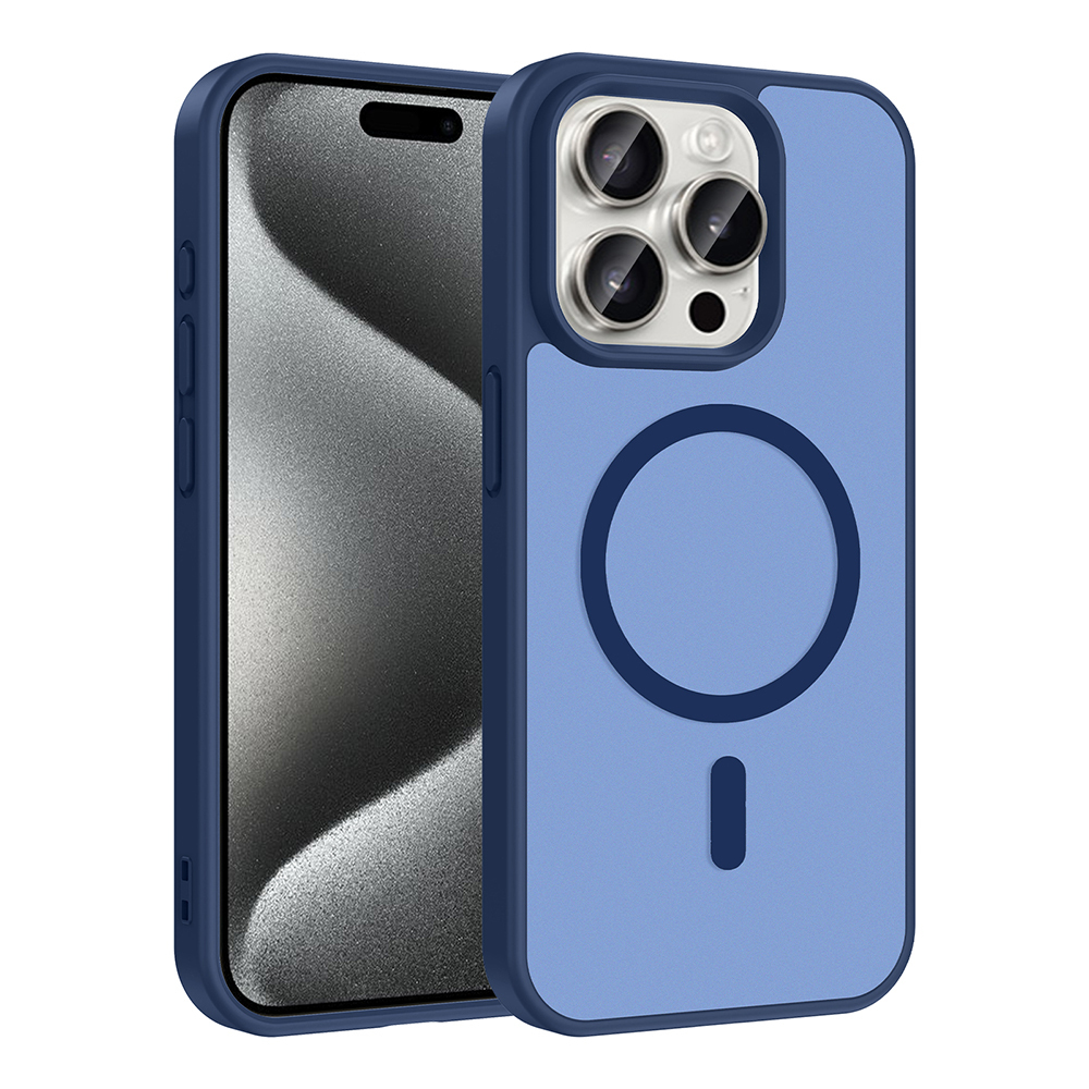 Mat yüzeyli ve dairesel manyetik halkalı mavi iPhone 14 Pro kılıfı.
