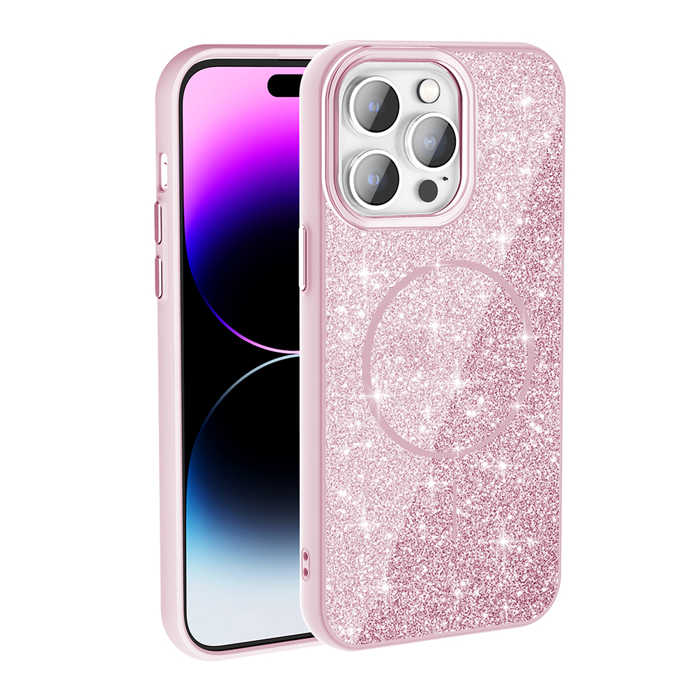 Akıllı telefonu kısmen kaplayan pembe simli iPhone kılıfı.