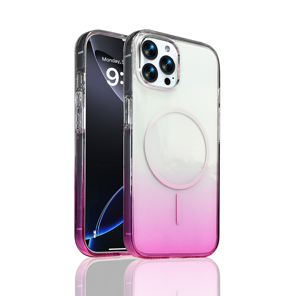 Mıknatıslı halkalı, şeffaf, pembe geçişli kılıfta bir iPhone.