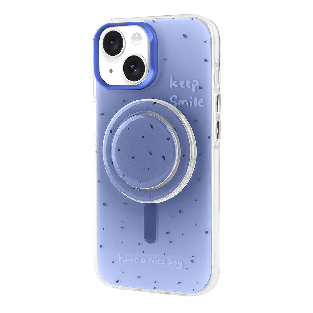 Mıknatıslı halka ve yazı bulunan mavi telefon kılıfı.