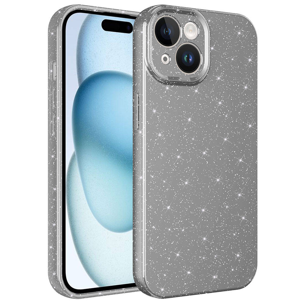 Akıllı telefonda sim parçacıklı ve kamera modüllü gri telefon kılıfı.