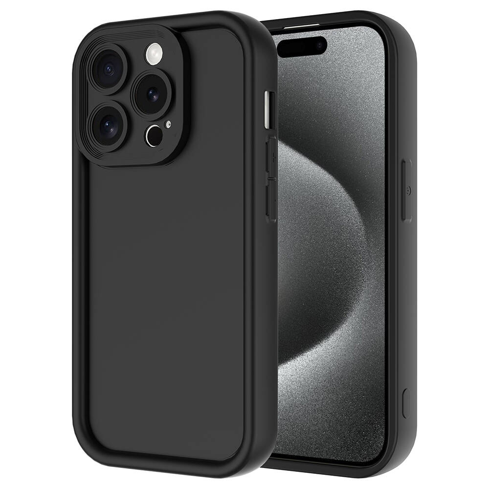 Kamera kesimli siyah telefon kılıfı, bir akıllı telefonun yanında.