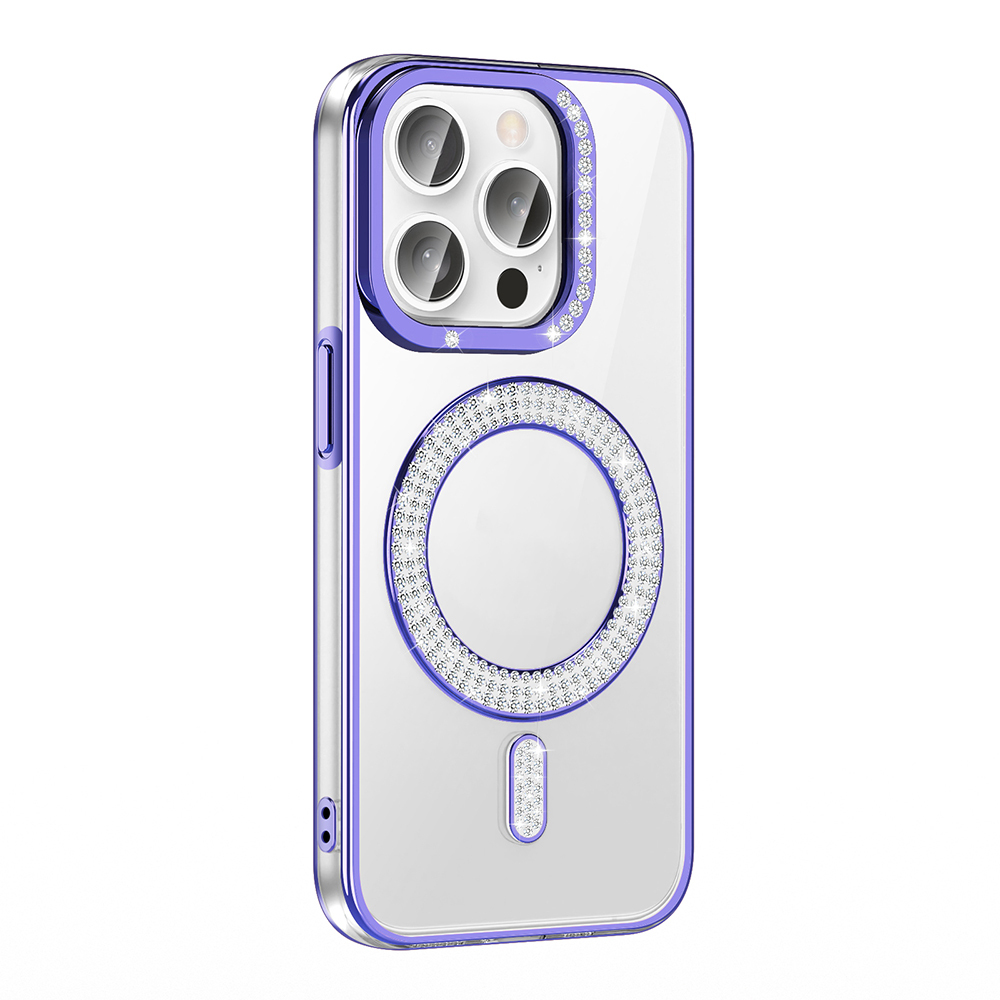 Kristal ve kamera kesimli mor iPhone kılıfı.