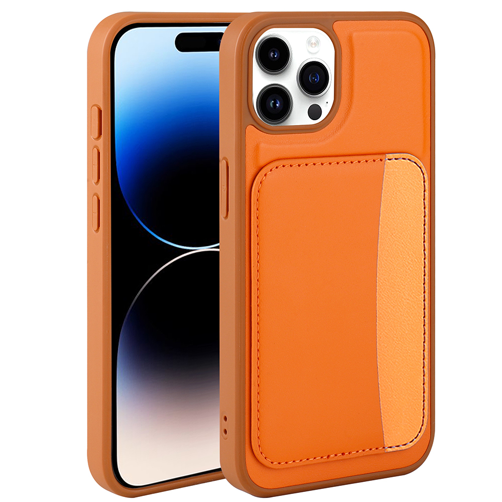 Arka cepli ve kahverengi süslemeli turuncu telefon kılıfı.