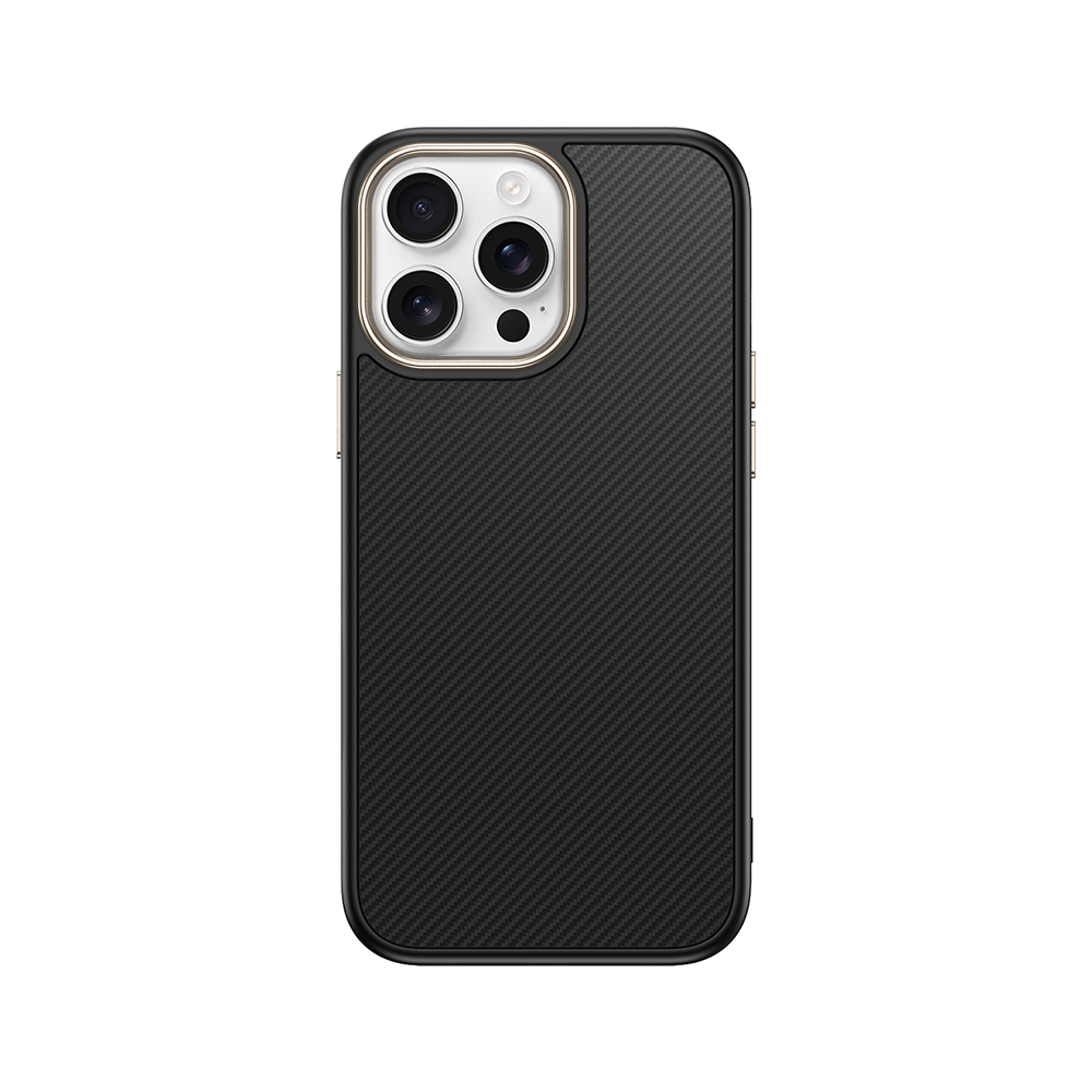 Karbon fiber desenli ve kamera modüllü siyah telefon kılıfı.