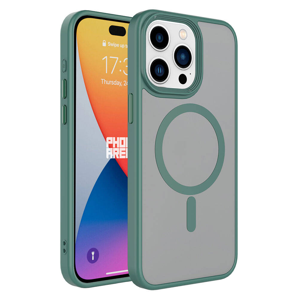 iPhone için gri arka ve kamera modülüne sahip yeşil kılıf.