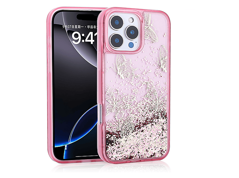 LOPARD iPhone 16 Pro Uyumlu Sıvılı Simli Kelebek Baskılı Şeffaf Arka Yüzey Glis Silikon Kapak Telefon Kılıfı Pembe
