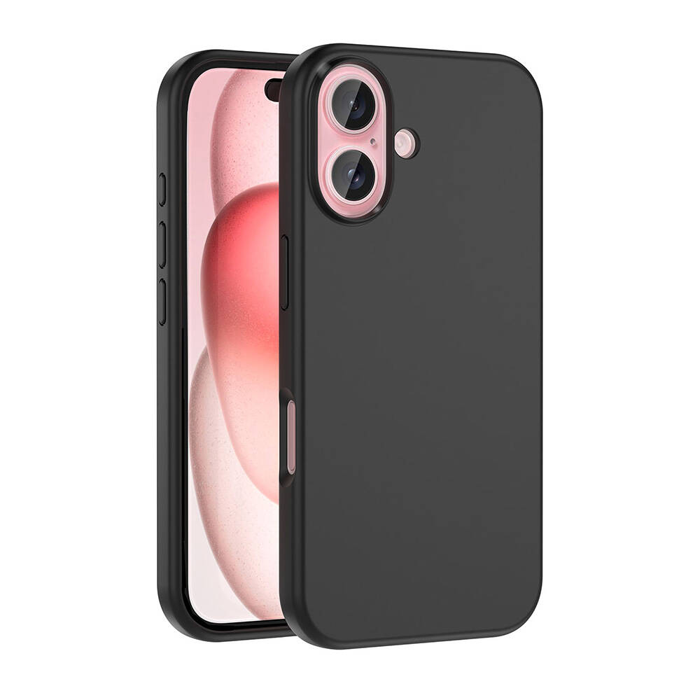 Pembe arka planlı akıllı telefonda kamera kesimli siyah telefon kılıfı.