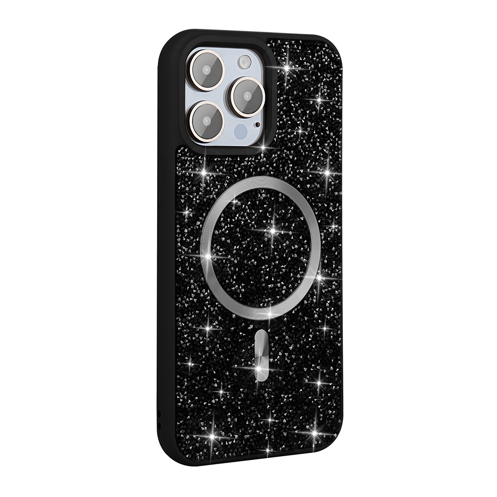 MagSafe manyetik halkalı siyah simli telefon kılıfı.
