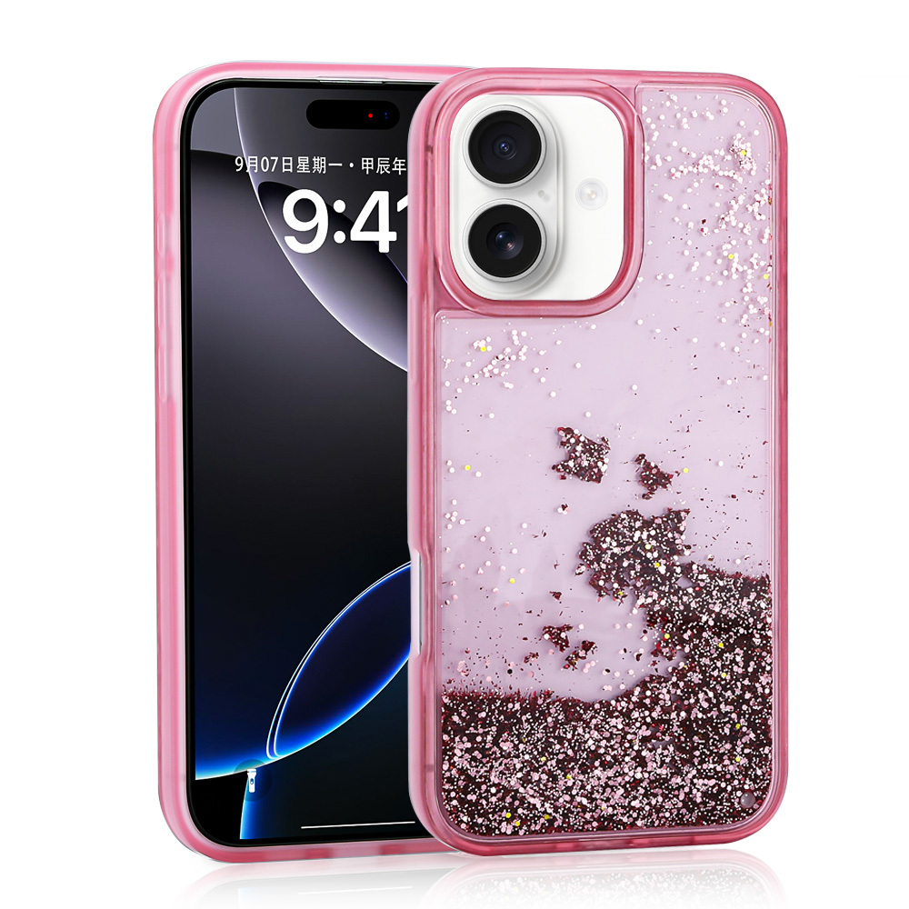 9:41 gösteren bir telefonla pembe simli telefon kılıfı. Beyaz üzerinde izole edilmiş.