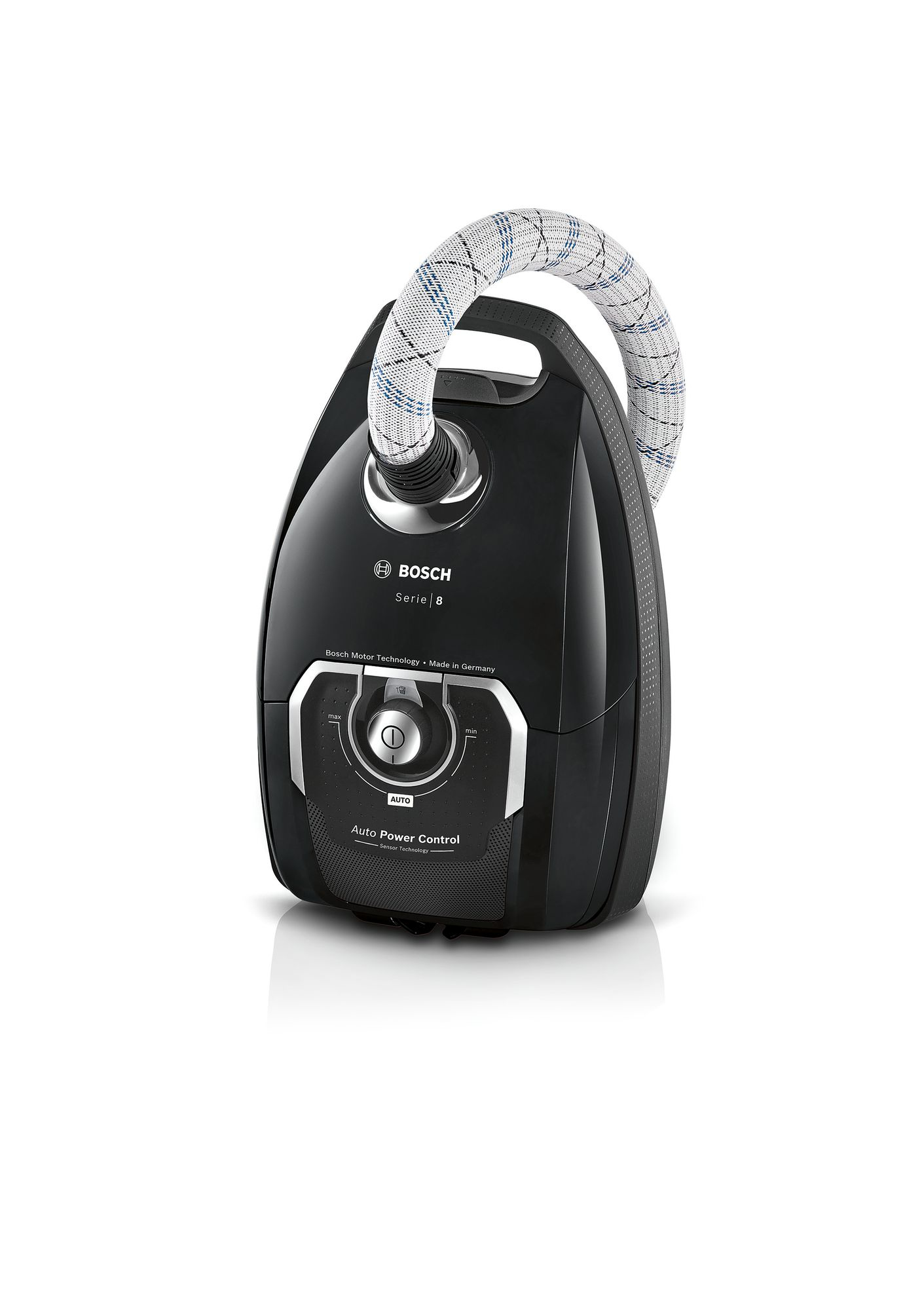 Aspirapolvere nero Bosch Serie 8 con tubo bianco e blu e comandi.