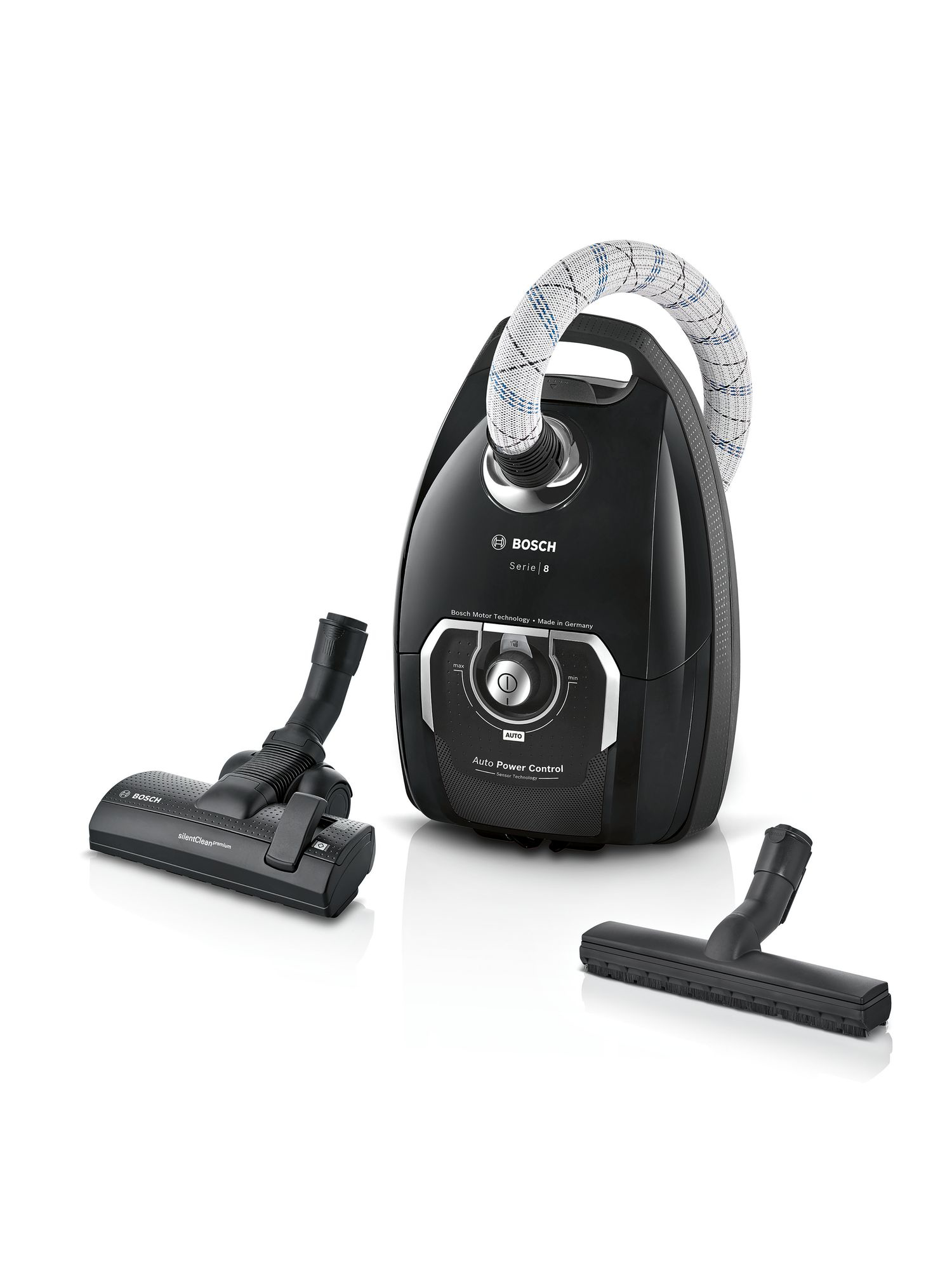 Aspirapolvere Bosch Serie 8 nero con accessori: spazzola per pavimenti e bocchetta a lancia.