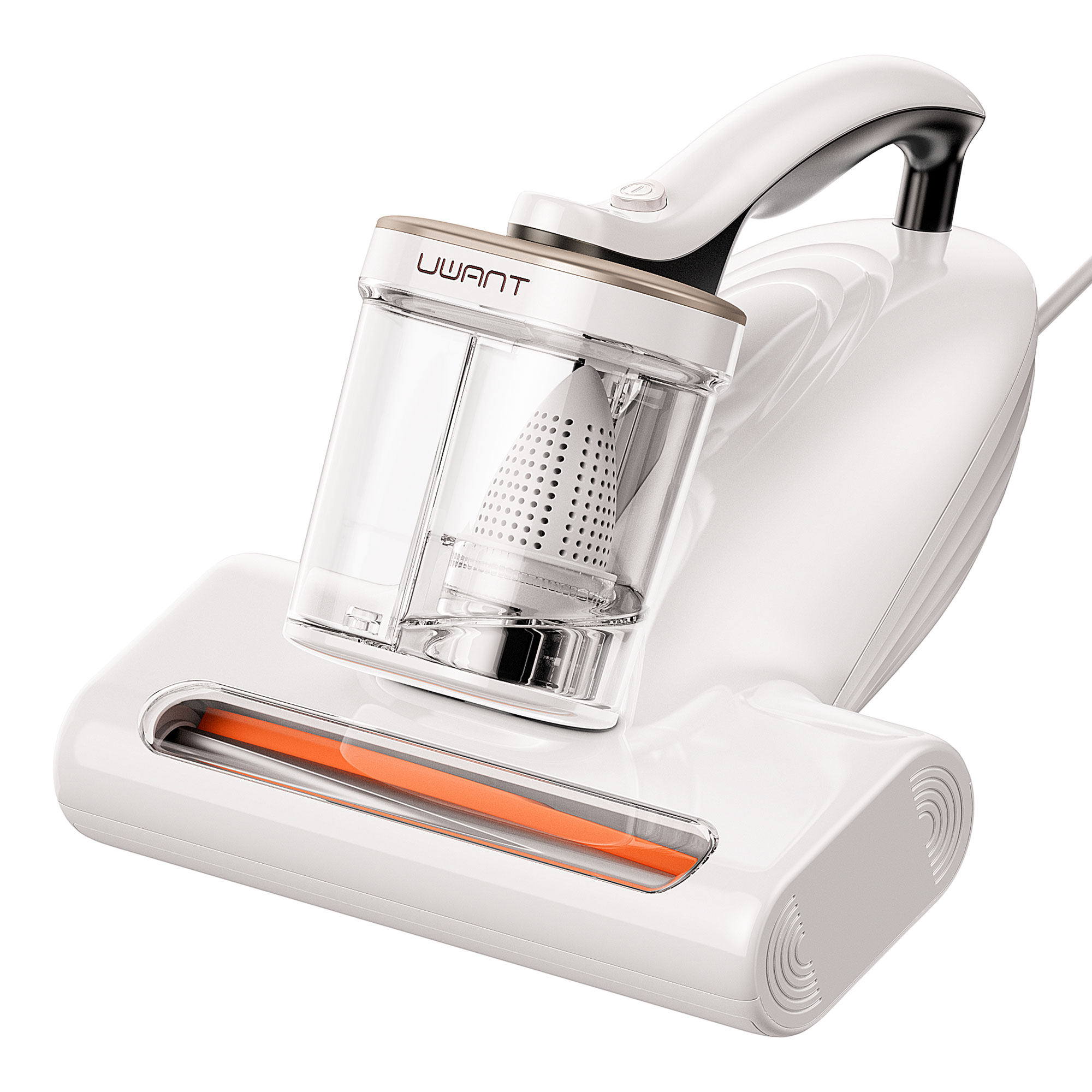 Un aspirapolvere portatile bianco con contenitore trasparente e spazzola arancione.