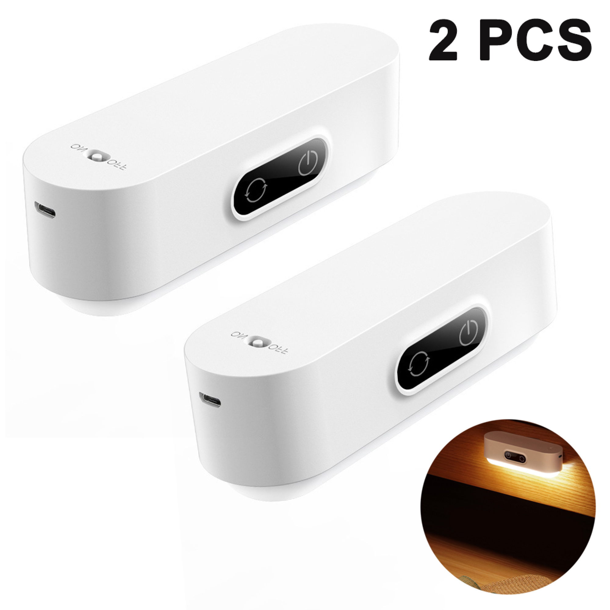Zwei weiße LED-Nachtlichter mit USB-Anschluss und Ein/Aus-Schalter.