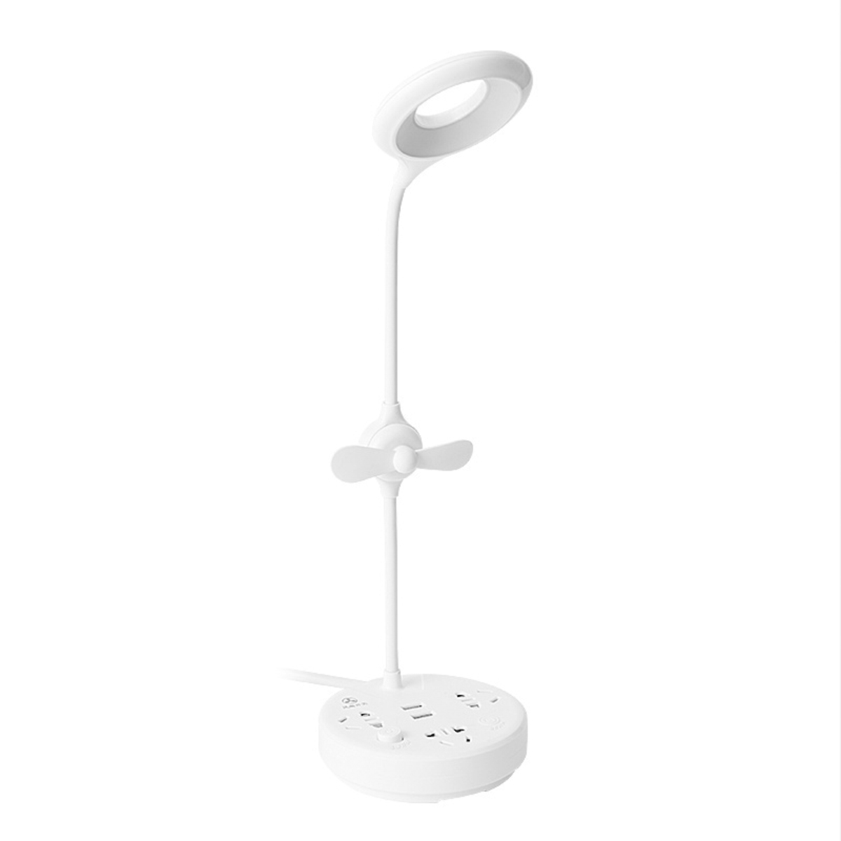 Eine weiße Schreibtischlampe mit Ringlicht, kleinem Ventilator und Steckdosenbasis.