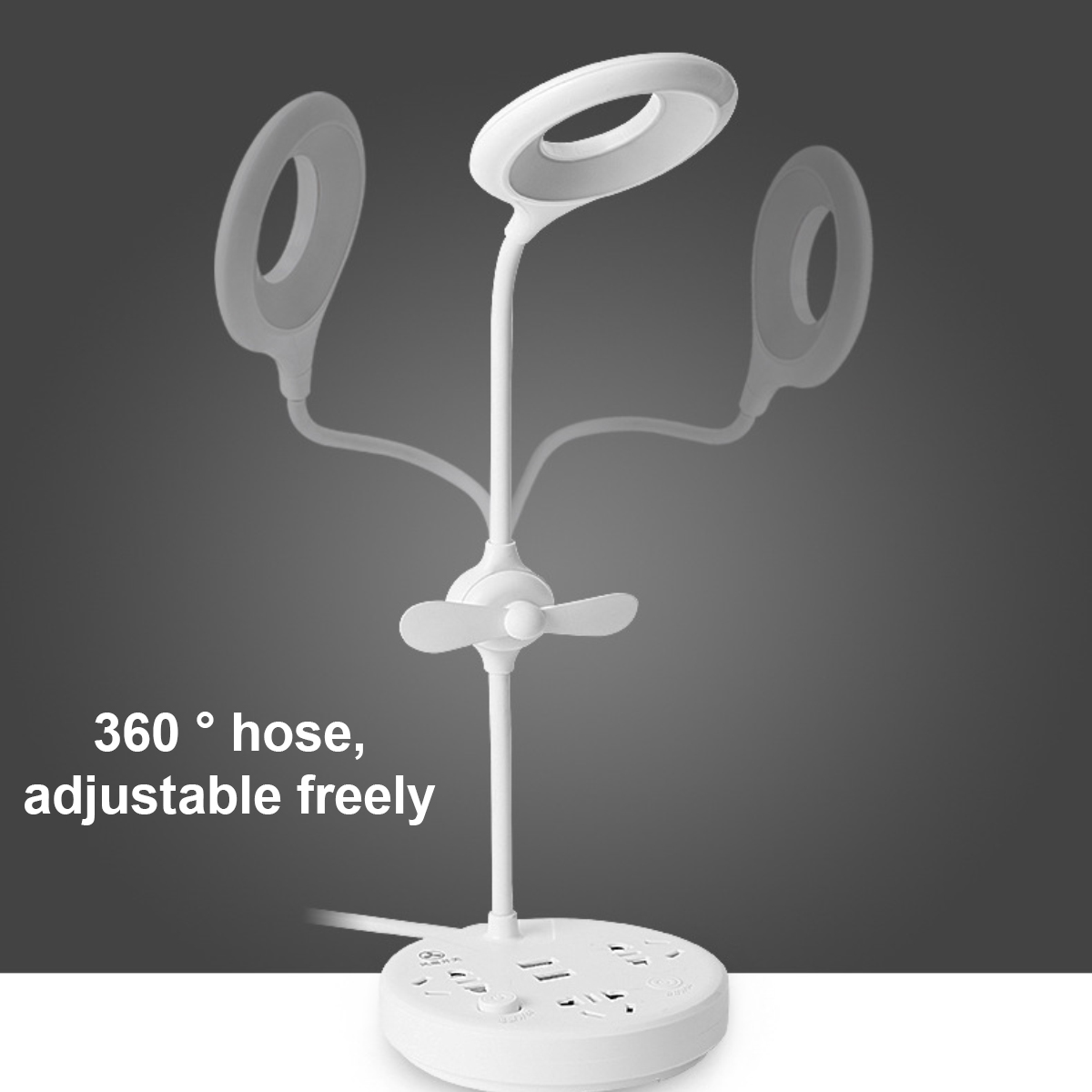 Ein weißer Schreibtischlampen-Ventilator mit verstellbarem Arm und mehreren Steckdosen.