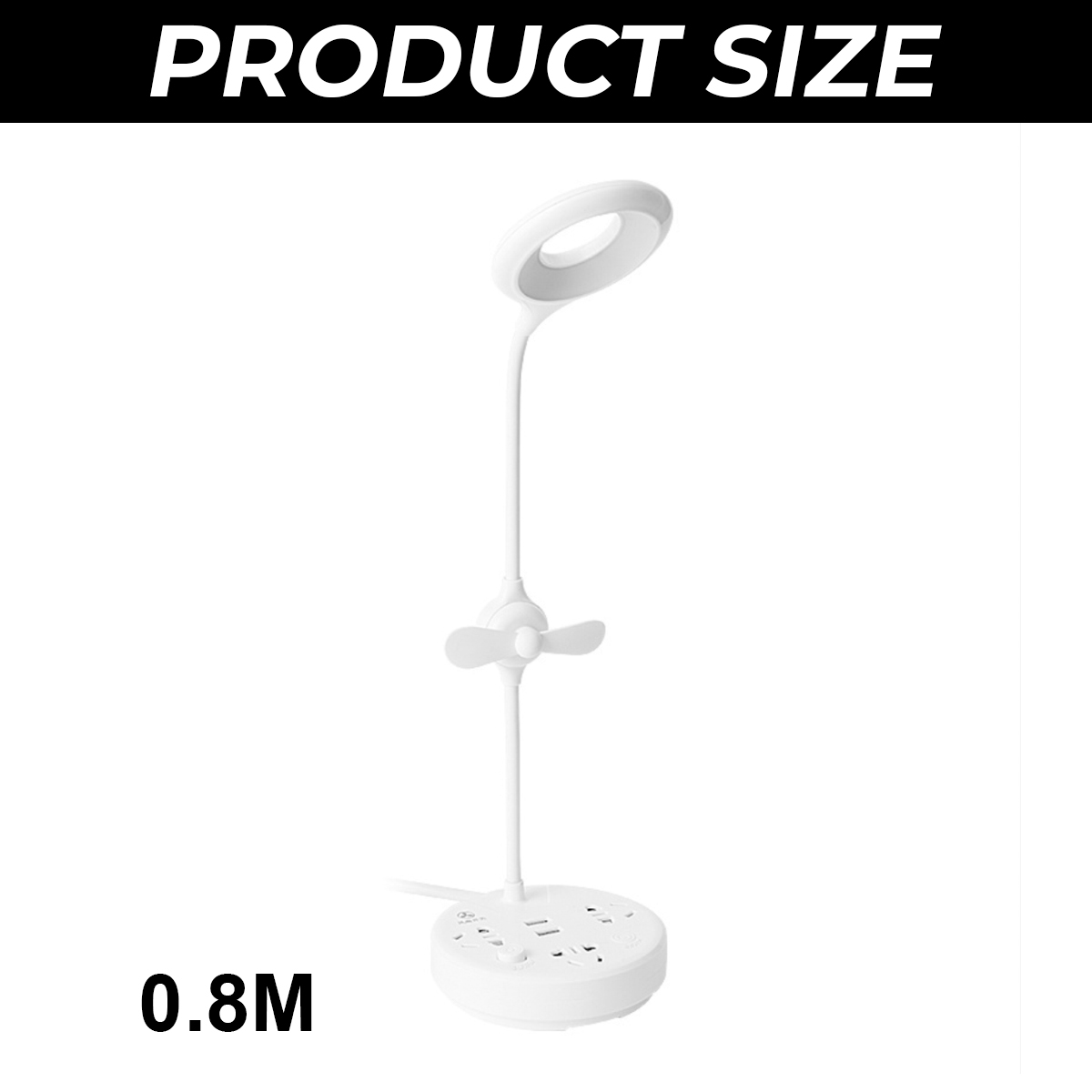 Eine weiße Schreibtischlampe mit einem Ringlicht, einem kleinen Ventilator und einer Steckdosenbasis.