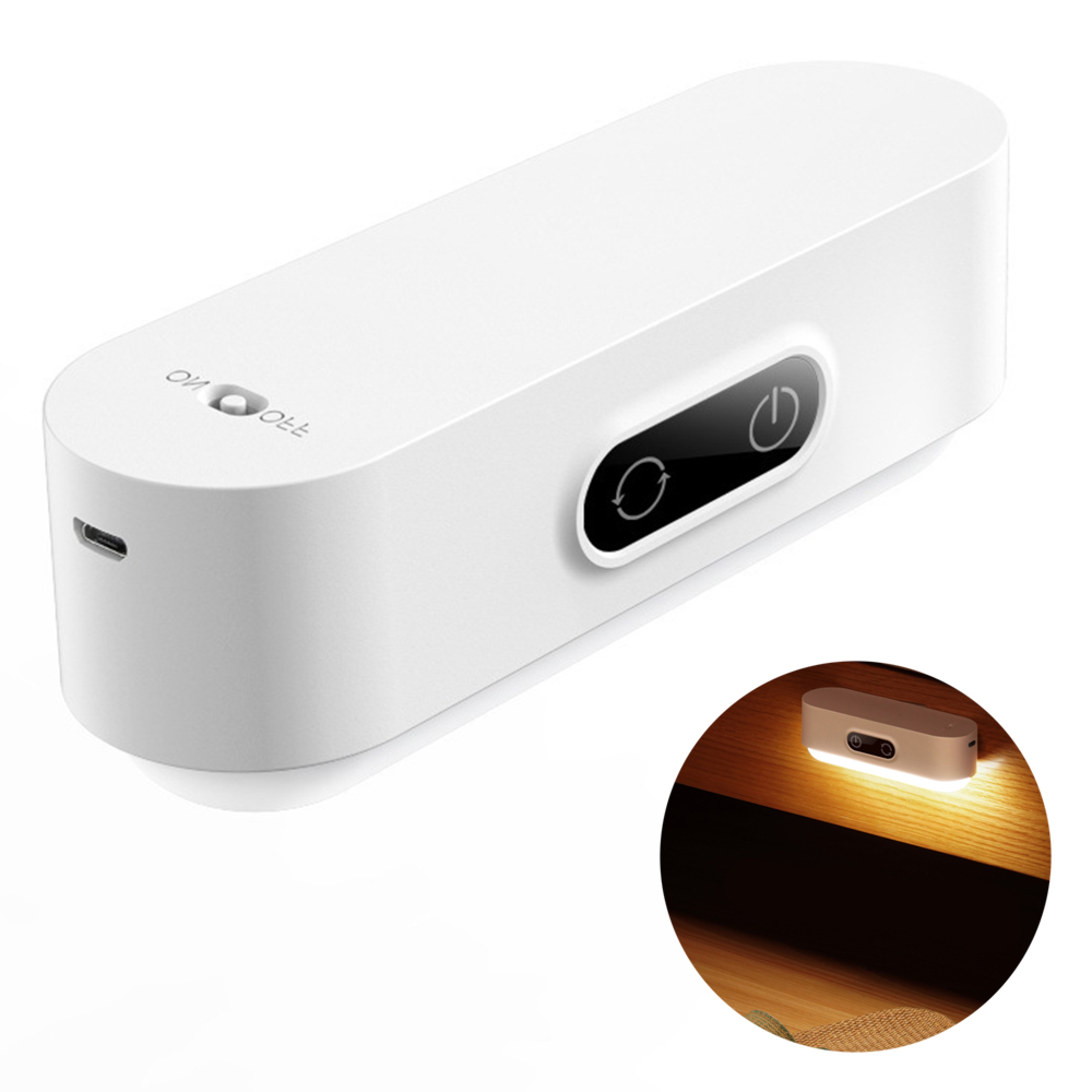 Ein weißes LED-Nachtlicht mit USB-C-Anschluss und Bedientasten.